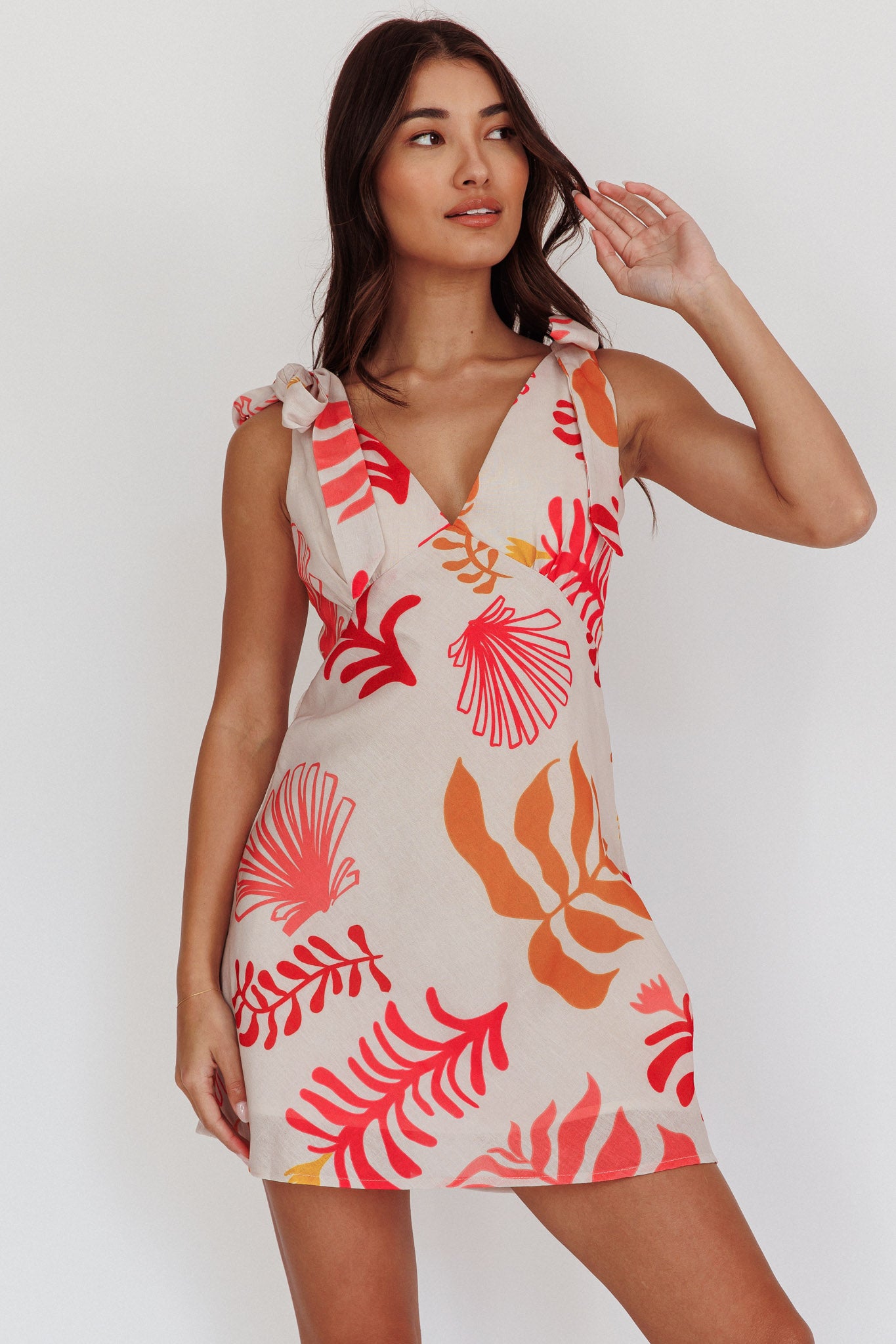 Mykonos Morning Tied Shoulder Mini Dress Seashell Pink by Selfie Leslie Australia