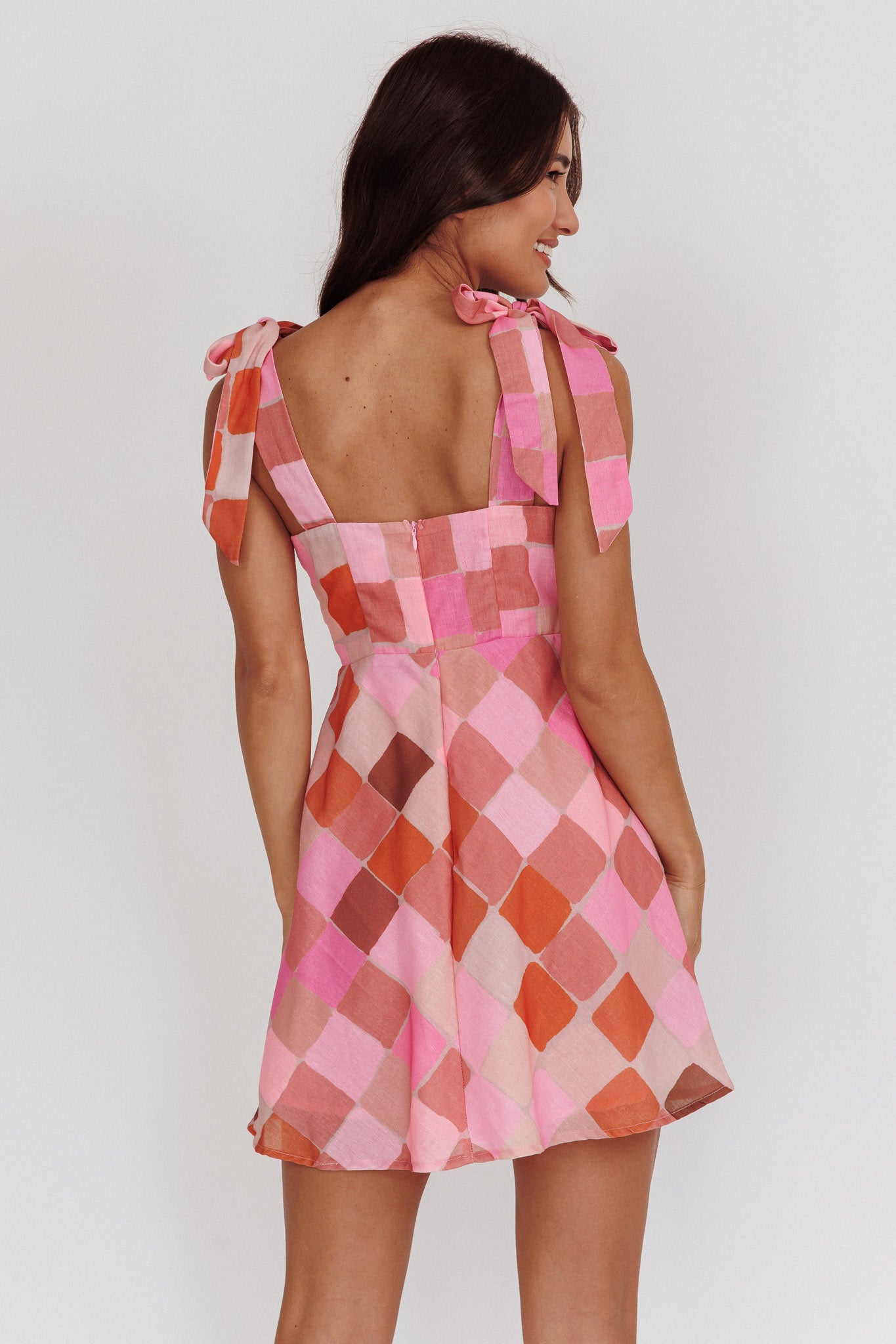 Mykonos Morning Tied Straps Diamond Mini Dress Pink by Selfie Leslie Australia
