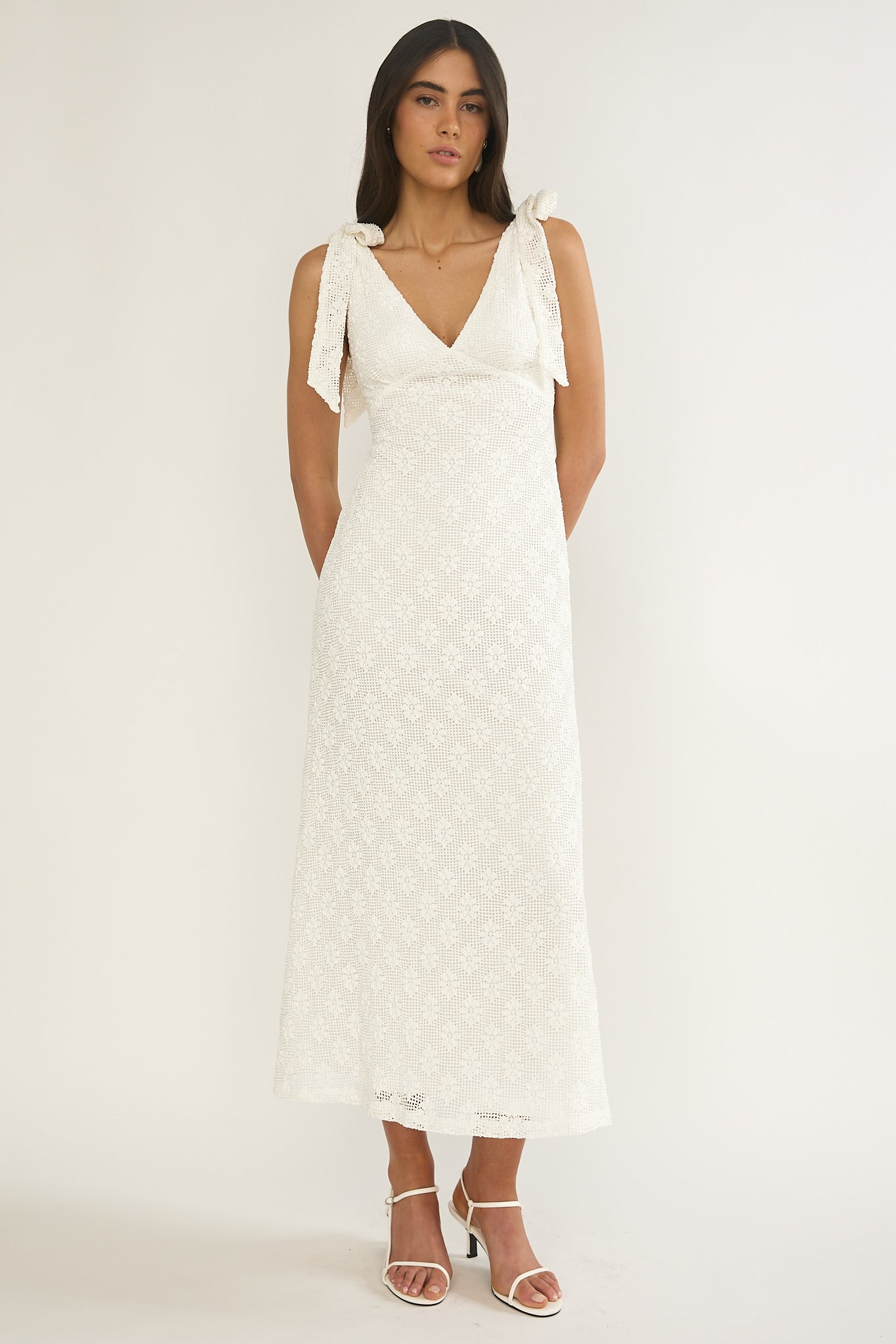 Mykonos Morning Tied Shoulder Maxi Dress Crochet White by Selfie Leslie Australia