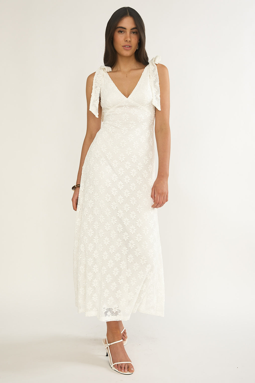 Mykonos Morning Tied Shoulder Maxi Dress Crochet White by Selfie Leslie Australia