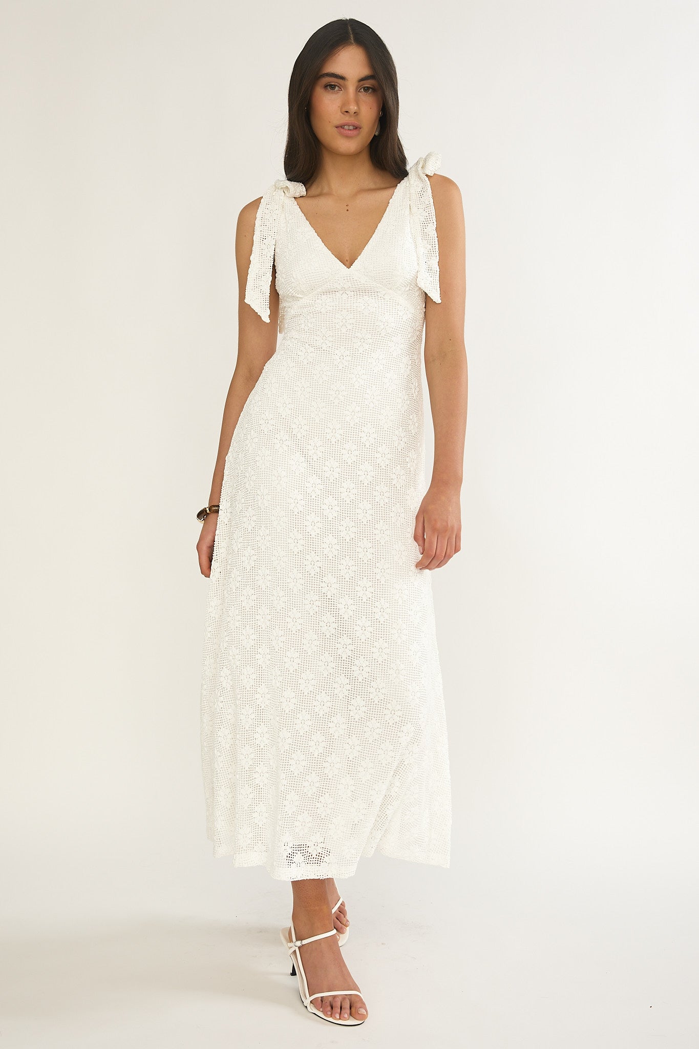 Mykonos Morning Tied Shoulder Maxi Dress Crochet White by Selfie Leslie Australia