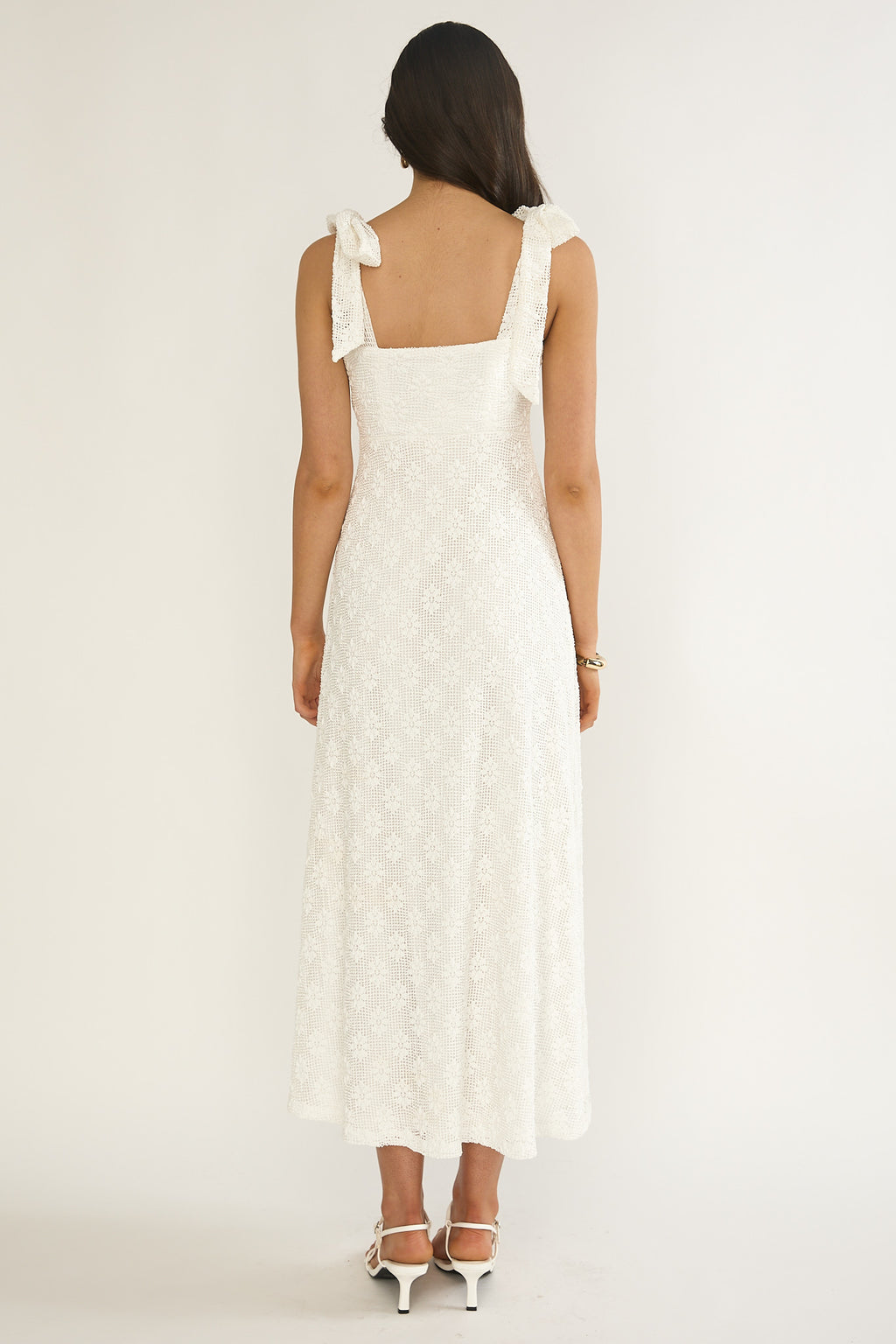 Mykonos Morning Tied Shoulder Maxi Dress Crochet White by Selfie Leslie Australia