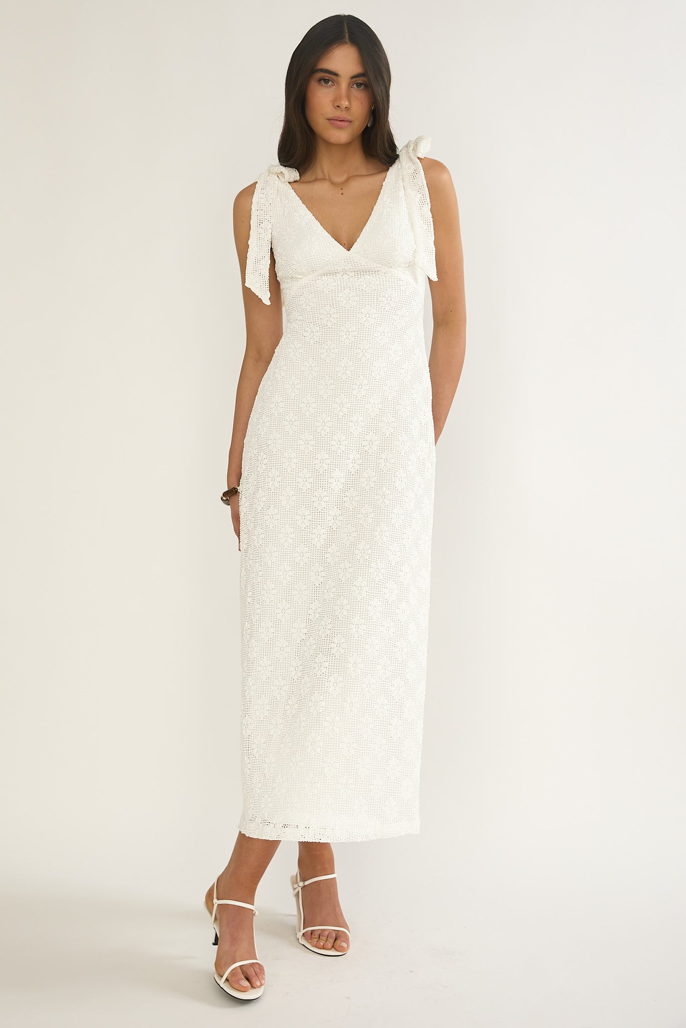 Mykonos Morning Tied Shoulder Maxi Dress Crochet White by Selfie Leslie Australia