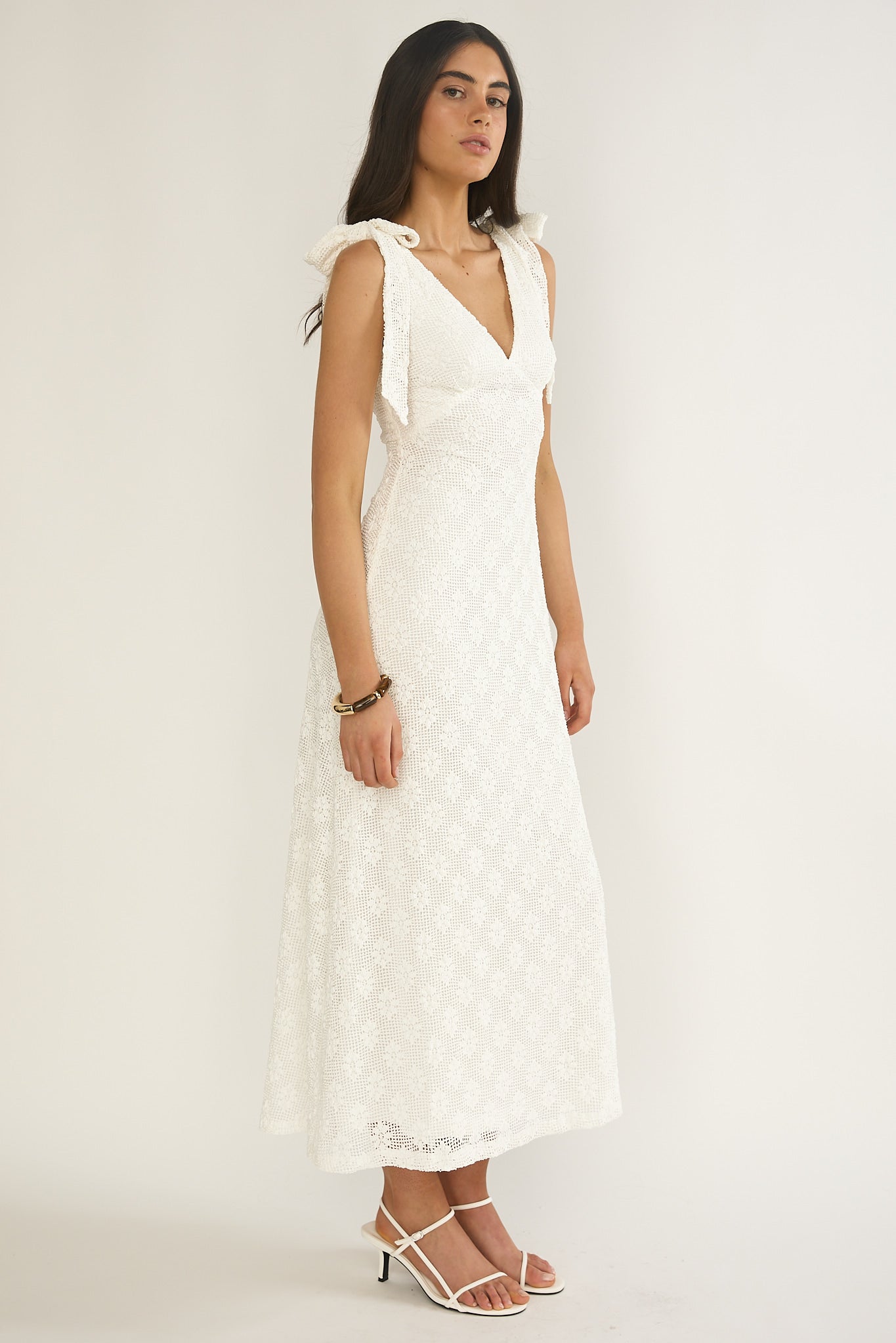 Mykonos Morning Tied Shoulder Maxi Dress Crochet White by Selfie Leslie Australia