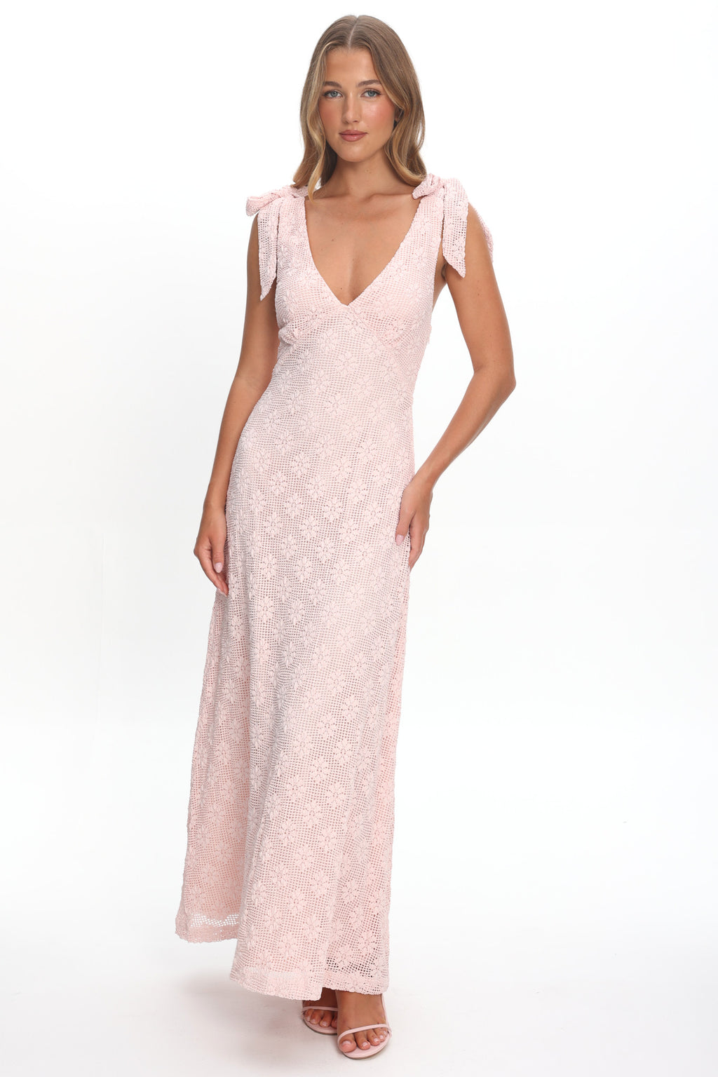 Mykonos Morning Tied Shoulder Maxi Dress Crochet Pink by Selfie Leslie Australia