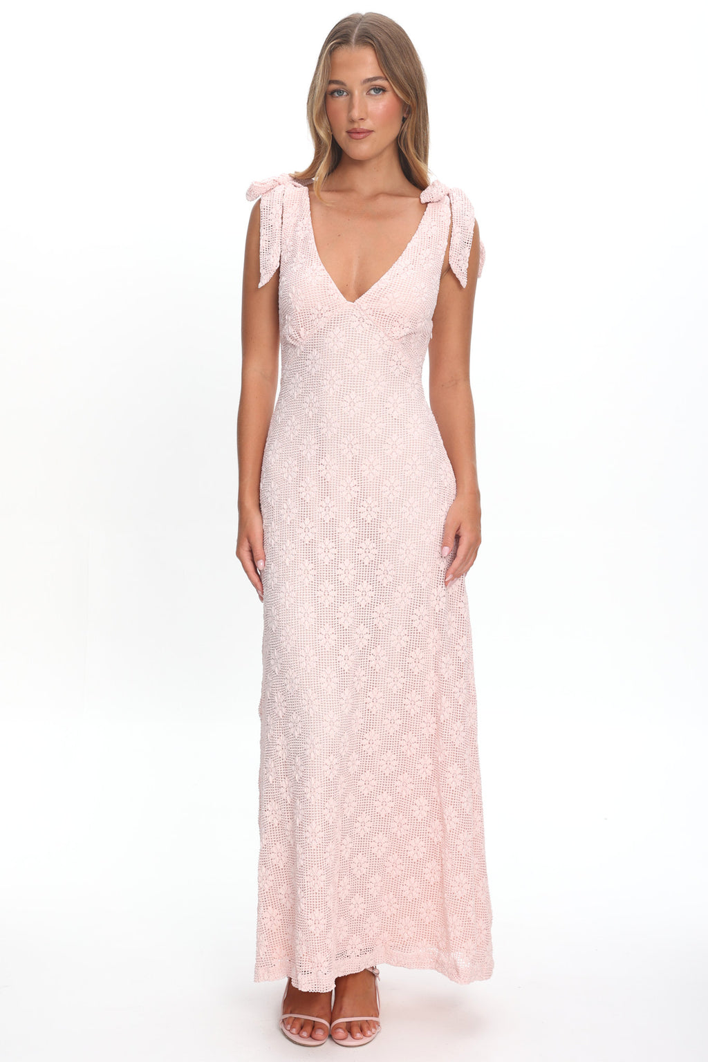 Mykonos Morning Tied Shoulder Maxi Dress Crochet Pink by Selfie Leslie Australia