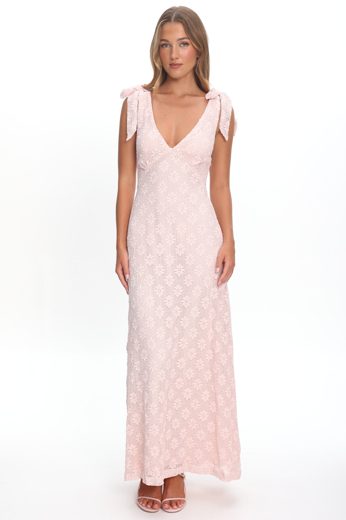 Mykonos Morning Tied Shoulder Maxi Dress Crochet Pink by Selfie Leslie Australia