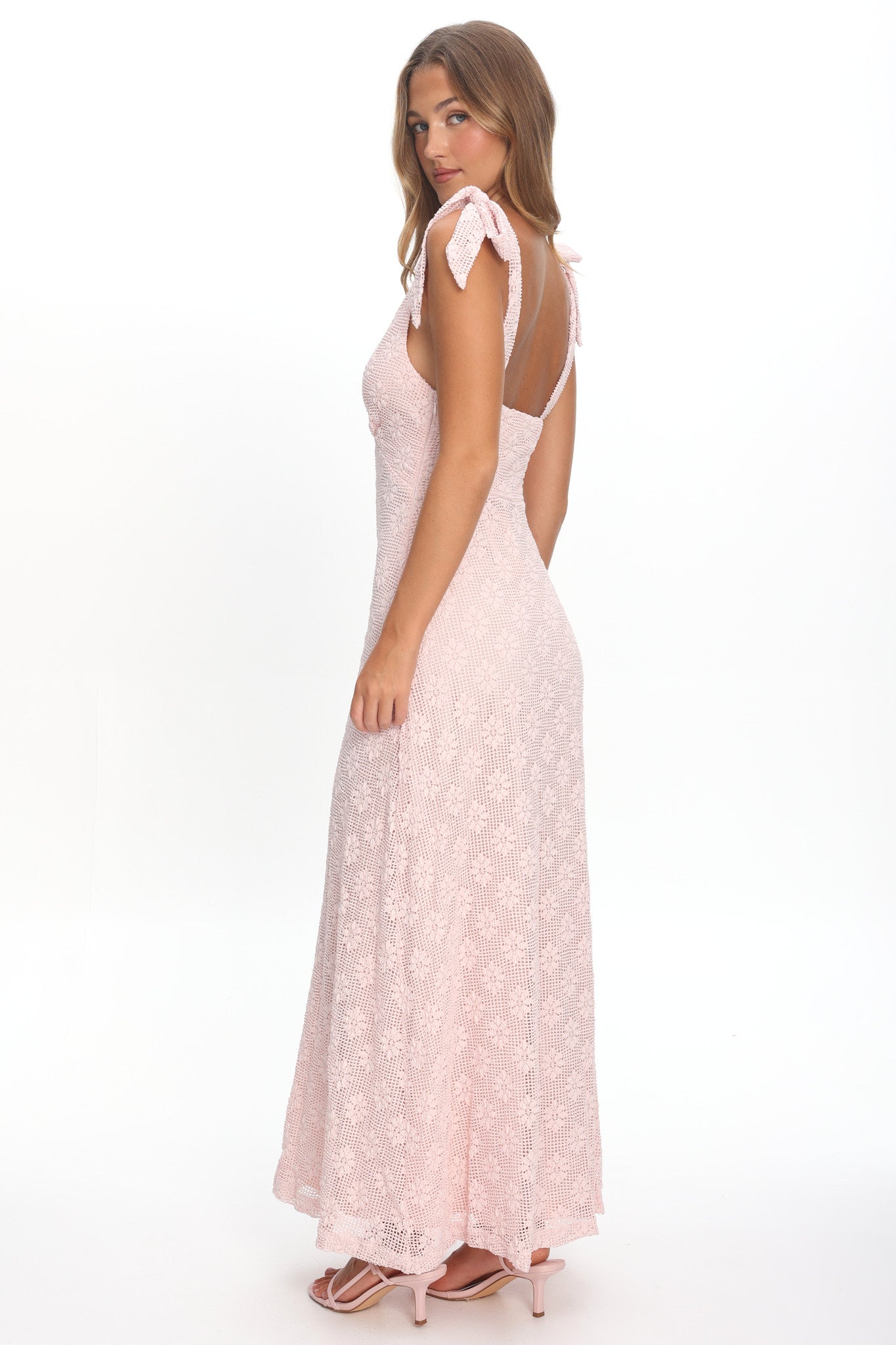 Mykonos Morning Tied Shoulder Maxi Dress Crochet Pink by Selfie Leslie Australia