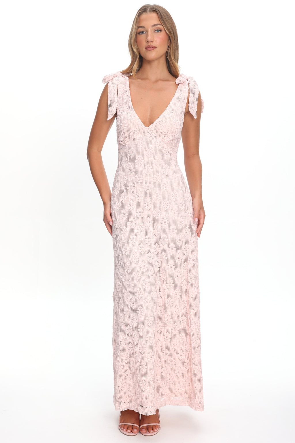 Mykonos Morning Tied Shoulder Maxi Dress Crochet Pink by Selfie Leslie Australia