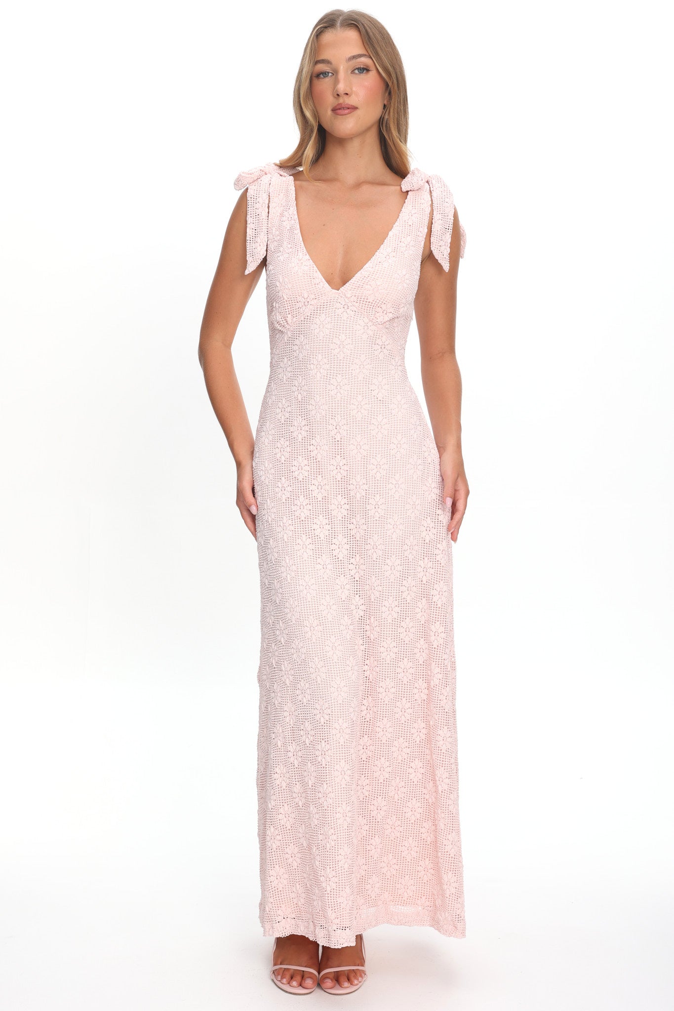 Mykonos Morning Tied Shoulder Maxi Dress Crochet Pink by Selfie Leslie Australia