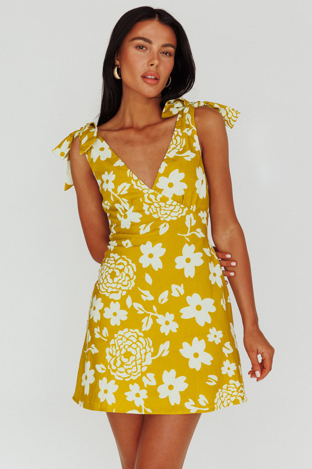Mykonos Morning Tied Shoulder Mini Dress Floral Tan by Selfie Leslie Australia