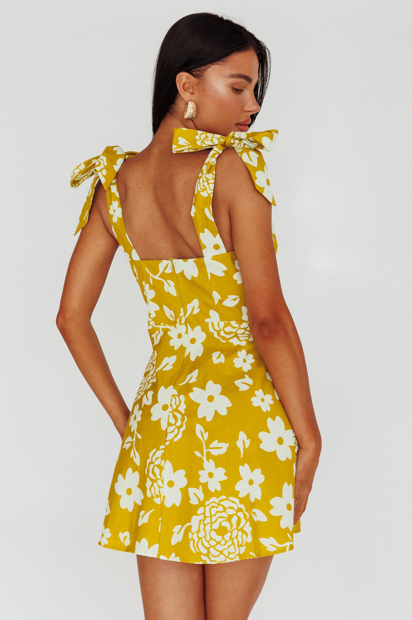 Mykonos Morning Tied Shoulder Mini Dress Floral Tan by Selfie Leslie Australia