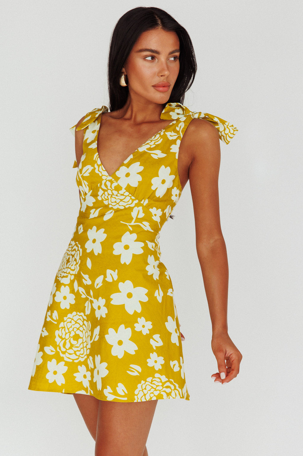 Mykonos Morning Tied Shoulder Mini Dress Floral Tan by Selfie Leslie Australia