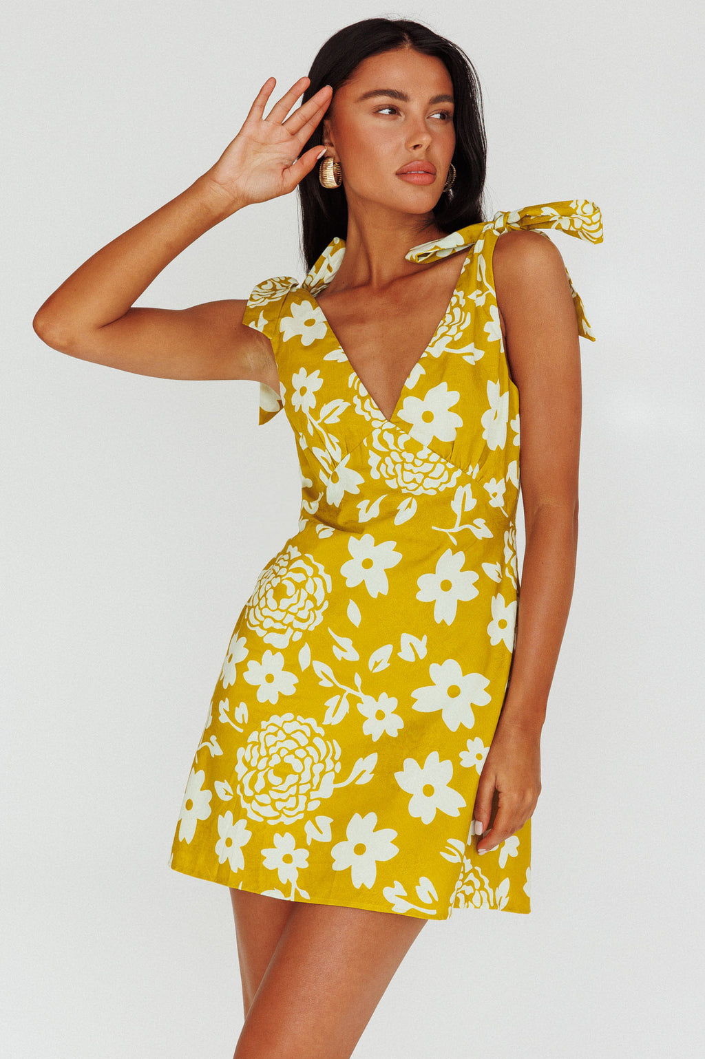 Mykonos Morning Tied Shoulder Mini Dress Floral Tan by Selfie Leslie Australia