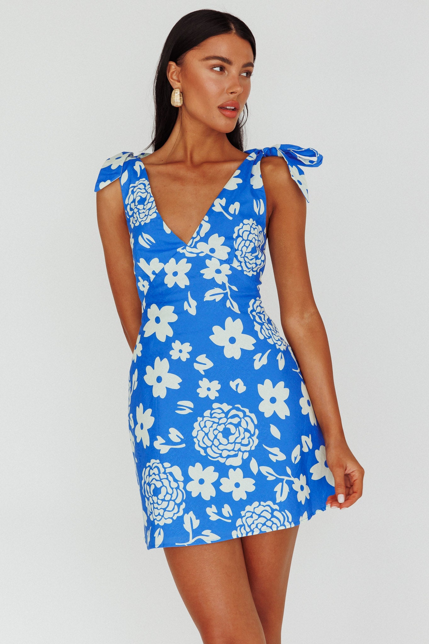 Mykonos Morning Tied Shoulder Mini Dress Floral Ocean by Selfie Leslie Australia