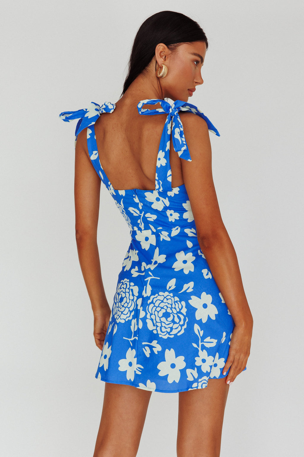 Mykonos Morning Tied Shoulder Mini Dress Floral Ocean by Selfie Leslie Australia