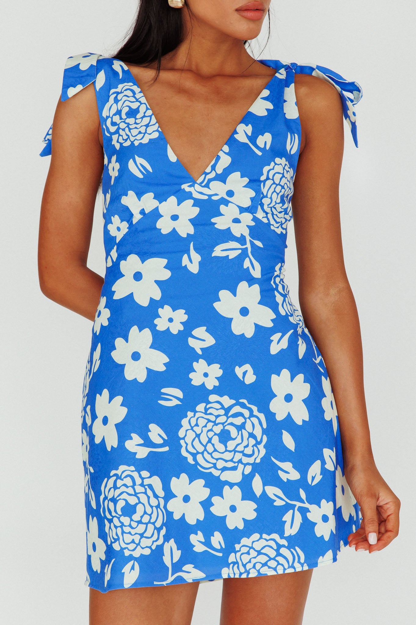 Mykonos Morning Tied Shoulder Mini Dress Floral Ocean by Selfie Leslie Australia