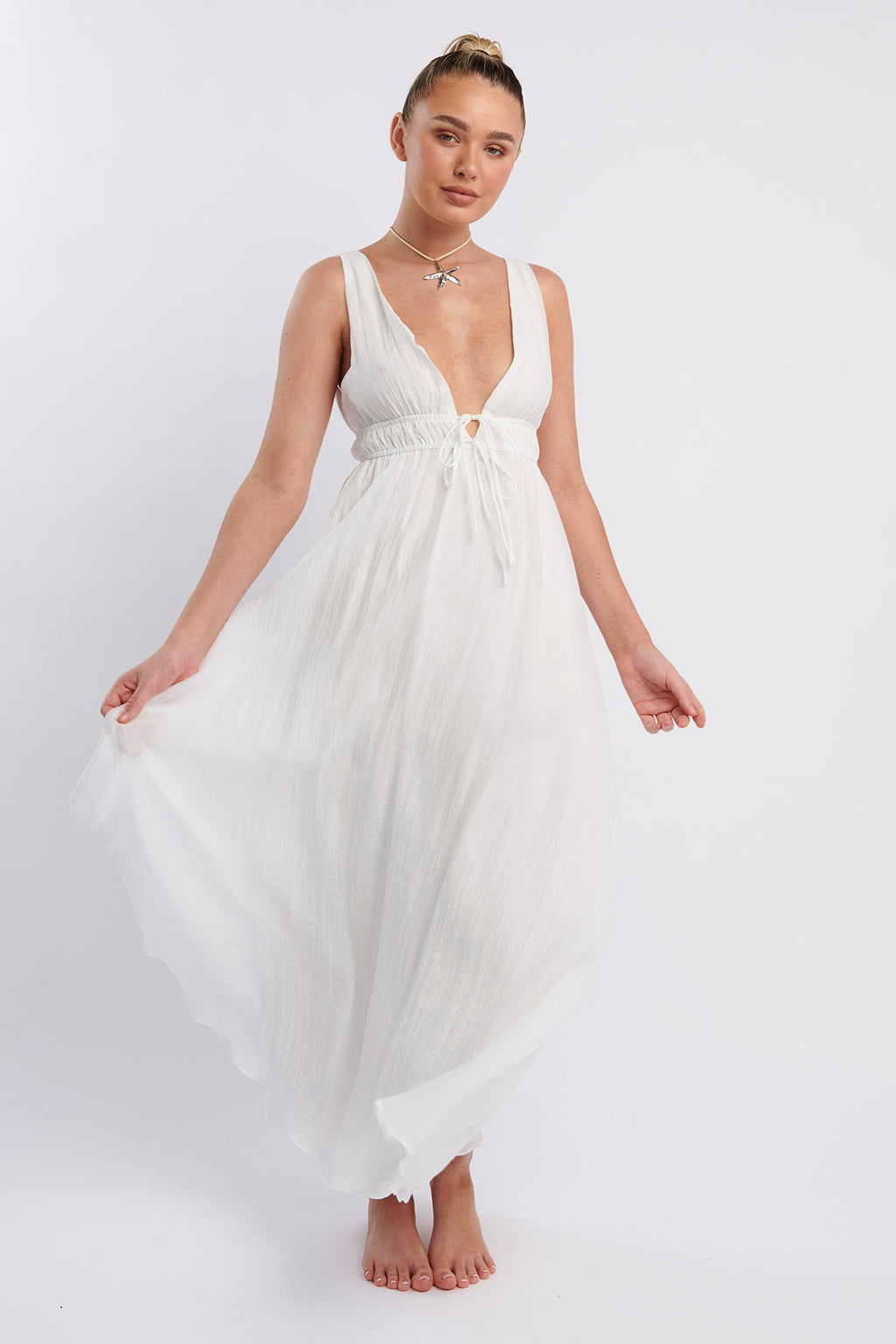 Kylin V-Neck Tied Bust Maxi Dress White by Selfie Leslie Australia