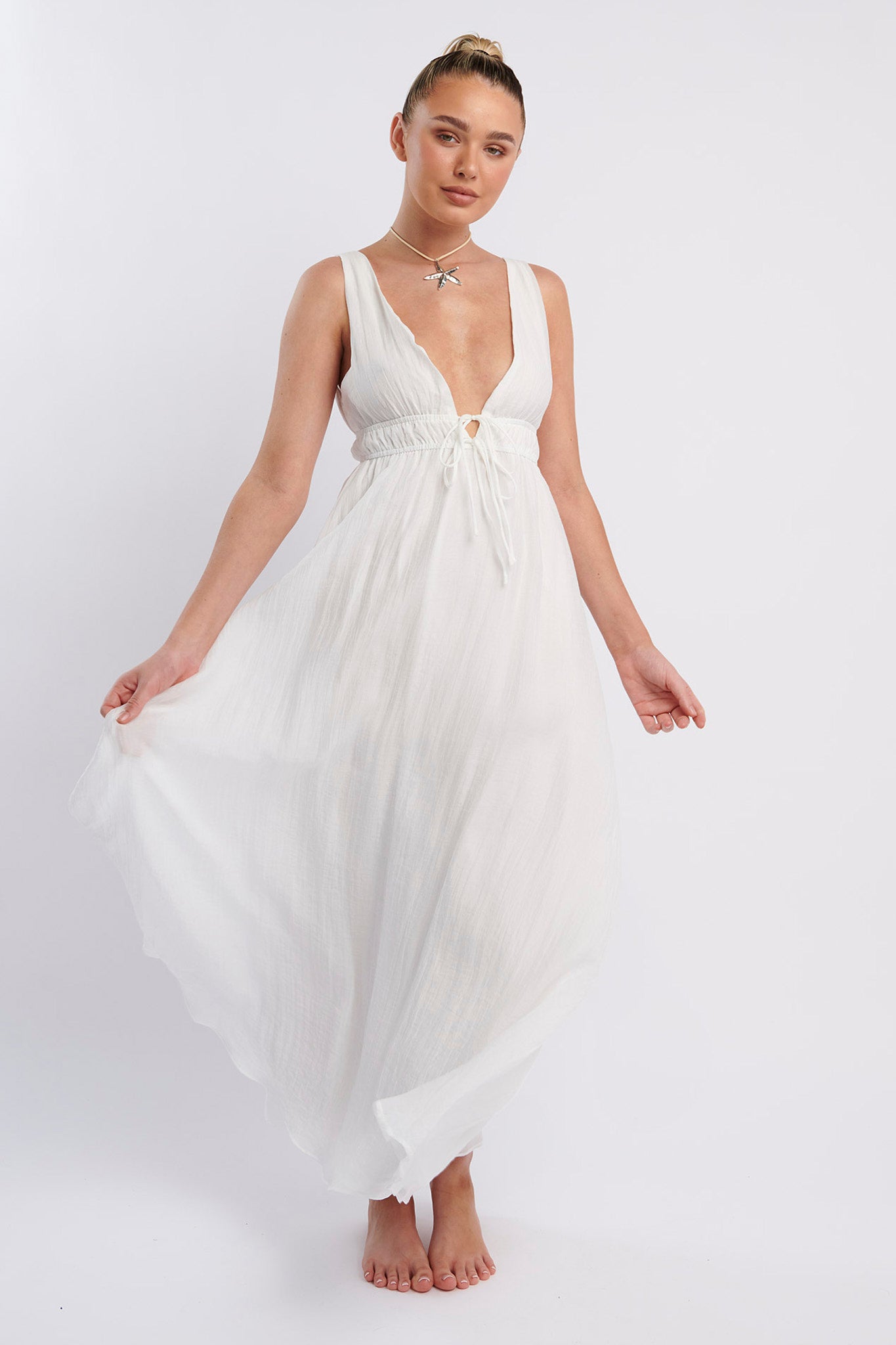 Kylin V-Neck Tied Bust Maxi Dress White by Selfie Leslie Australia