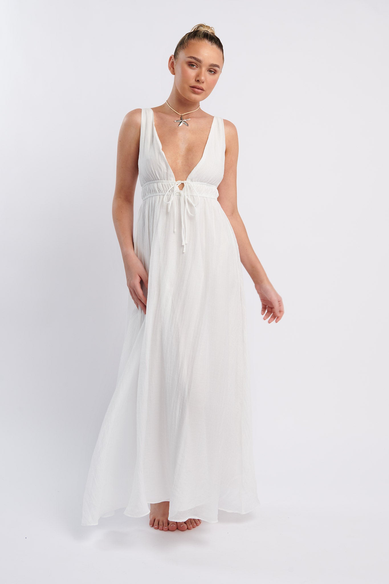 Kylin V-Neck Tied Bust Maxi Dress White by Selfie Leslie Australia