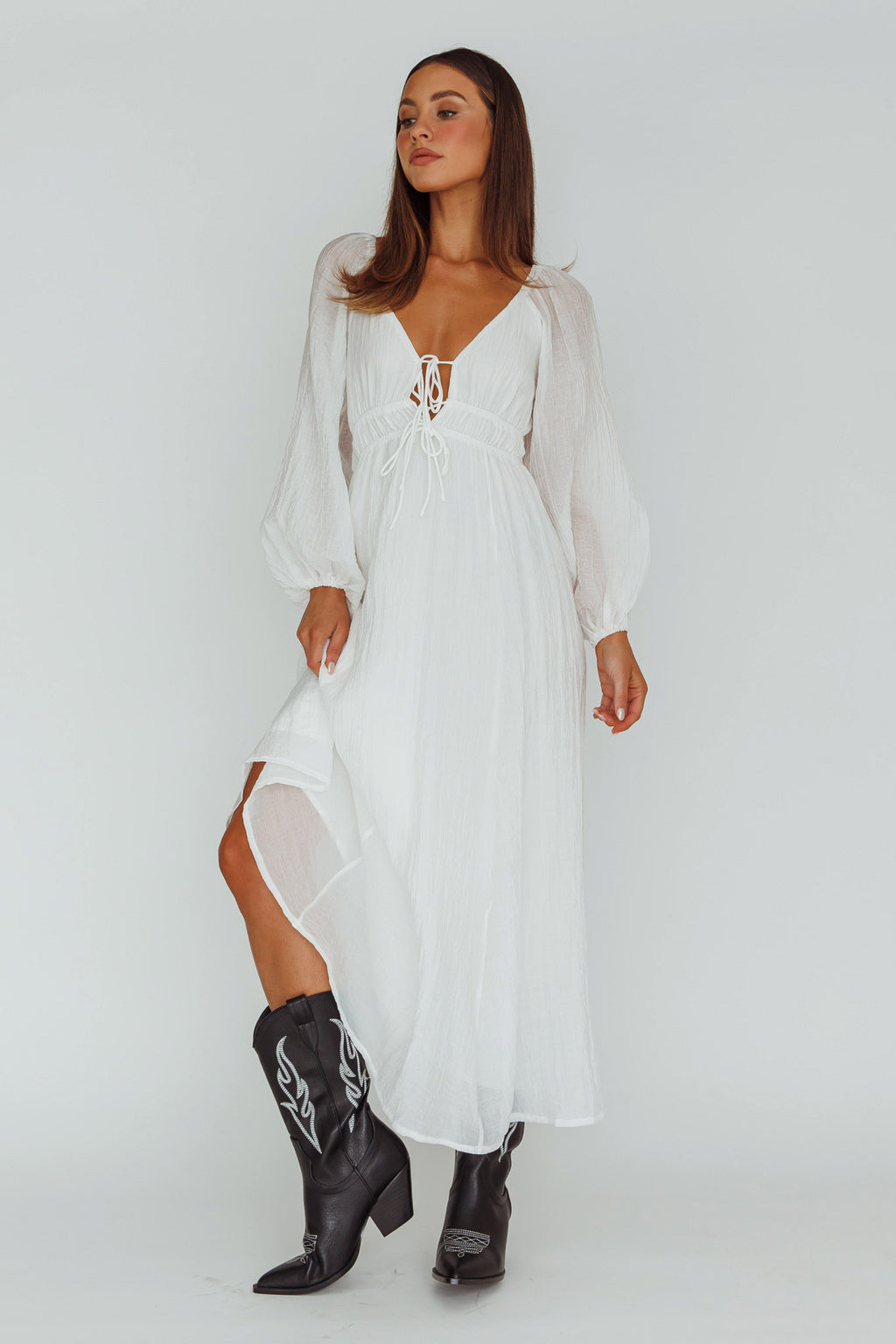 Kylin Balloon Sleeve Tied Bust Maxi Dress White by Selfie Leslie Australia
