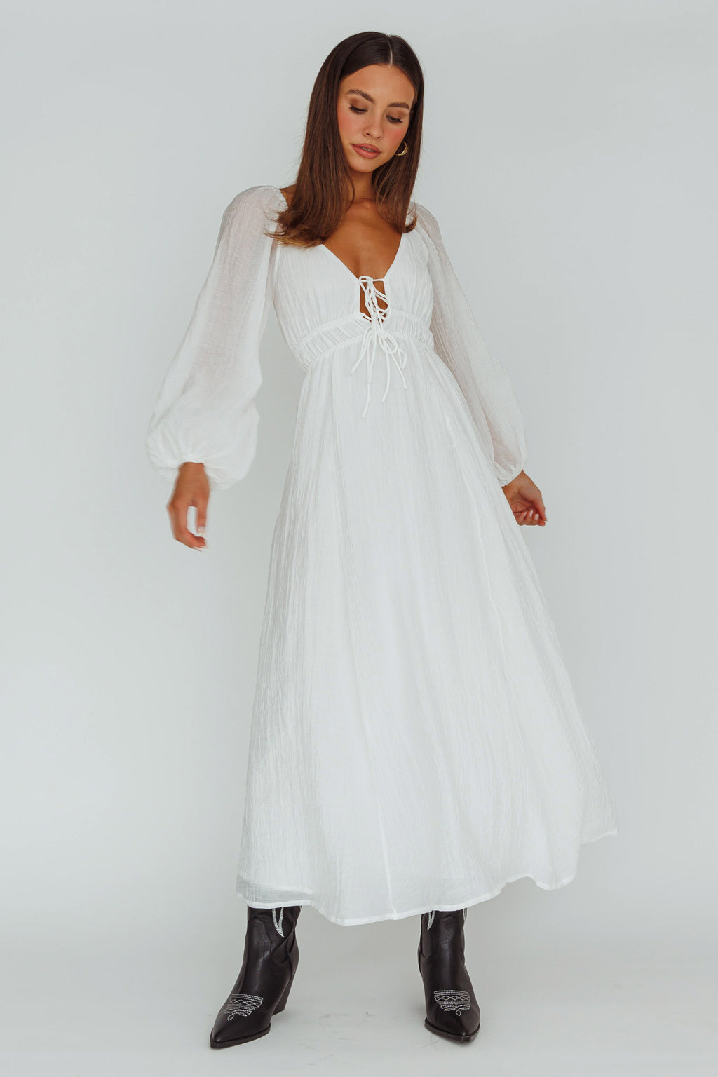 Kylin Balloon Sleeve Tied Bust Maxi Dress White by Selfie Leslie Australia