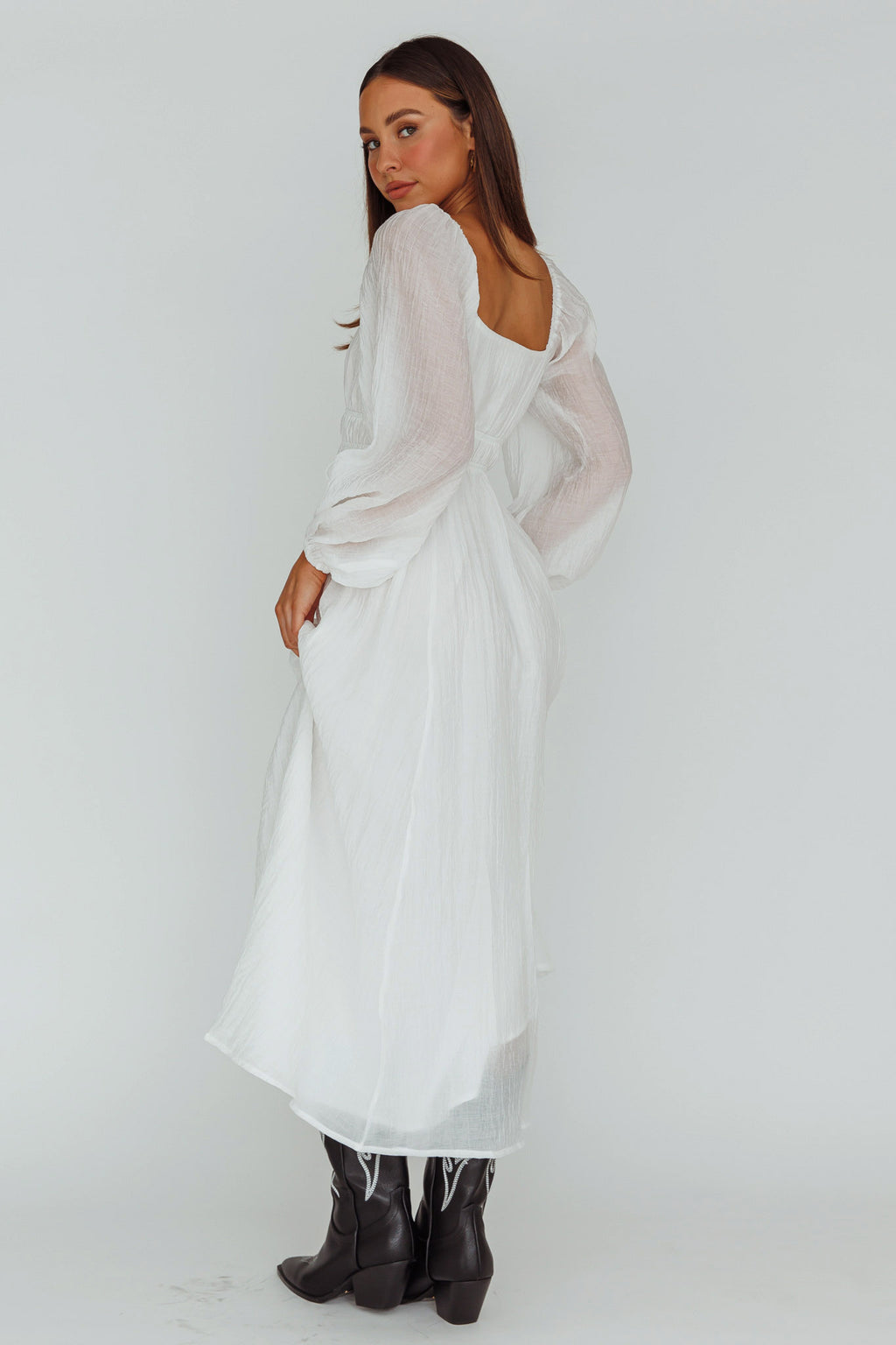 Kylin Balloon Sleeve Tied Bust Maxi Dress White by Selfie Leslie Australia