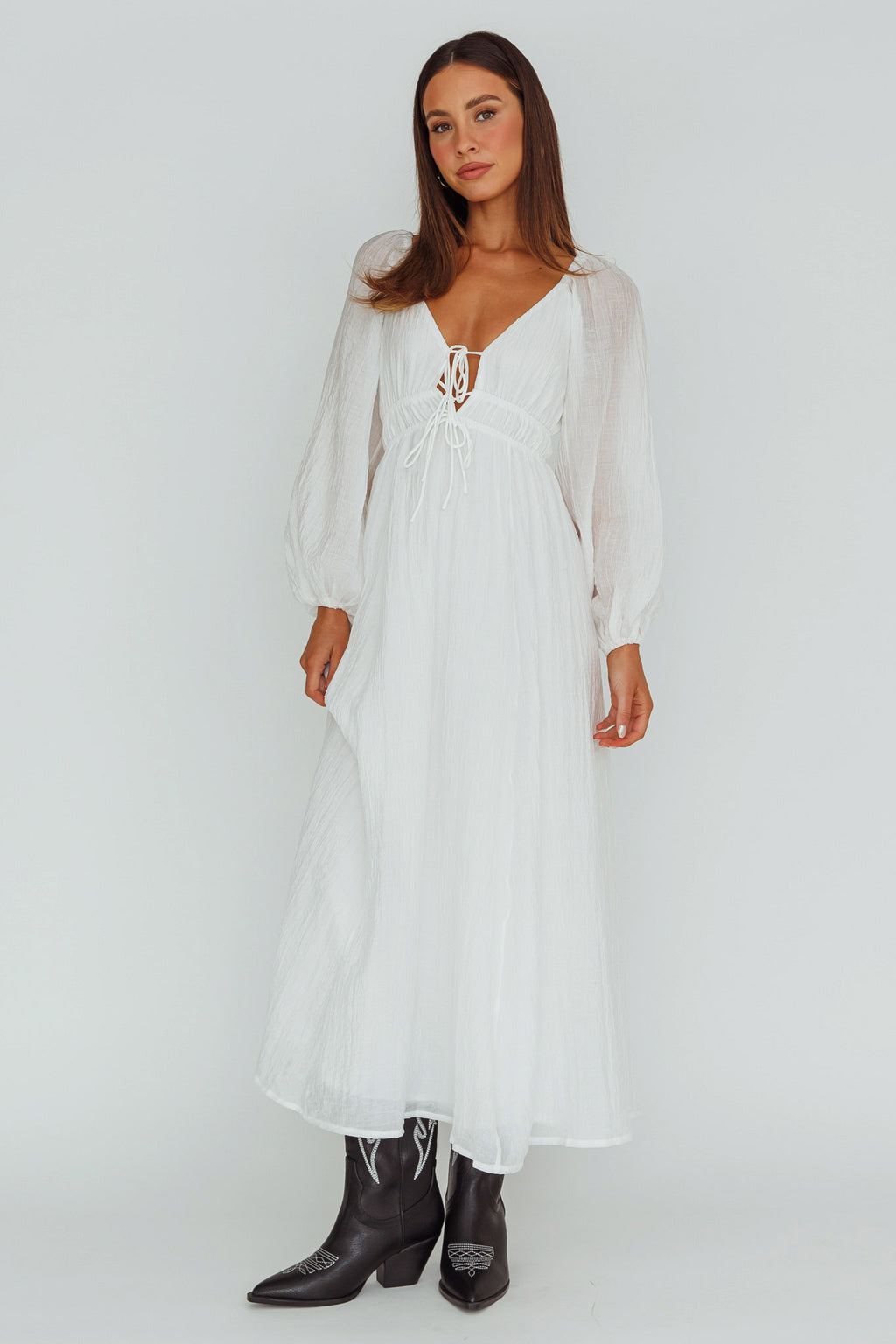 Kylin Balloon Sleeve Tied Bust Maxi Dress White by Selfie Leslie Australia