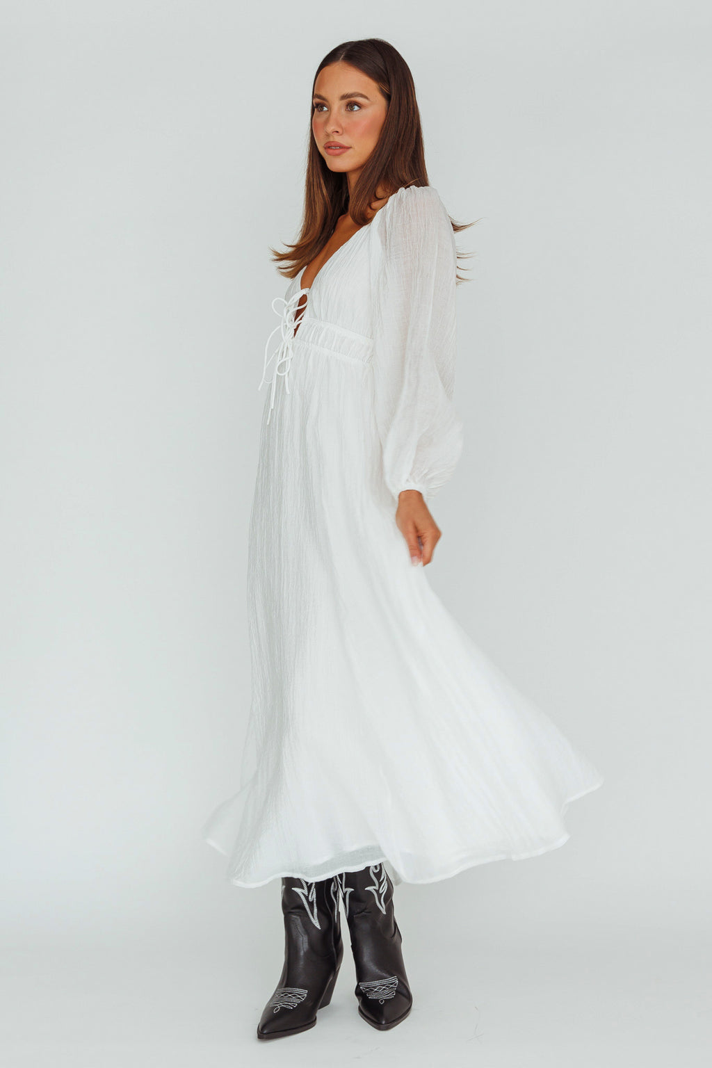 Kylin Balloon Sleeve Tied Bust Maxi Dress White by Selfie Leslie Australia