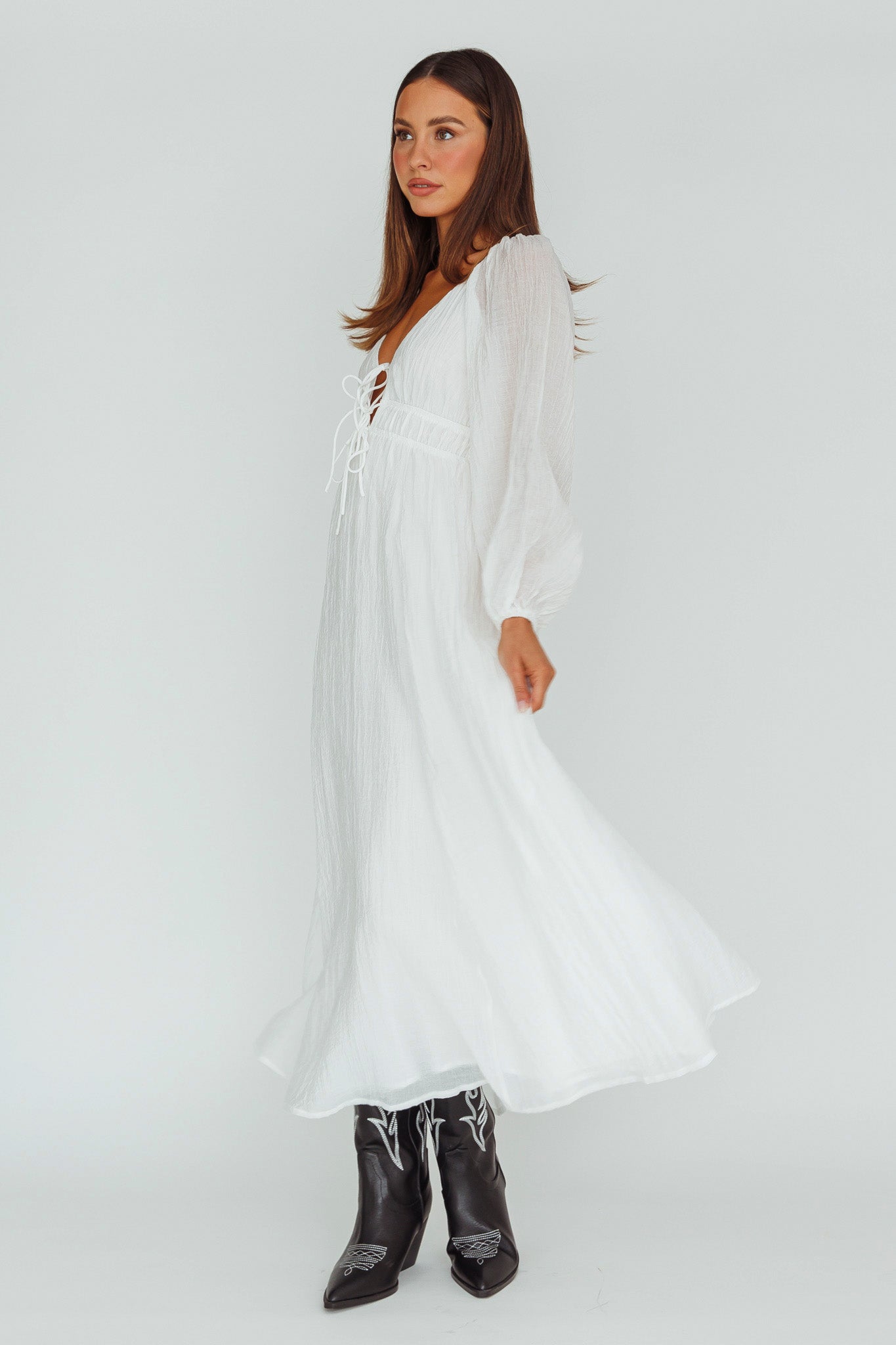 Kylin Balloon Sleeve Tied Bust Maxi Dress White by Selfie Leslie Australia