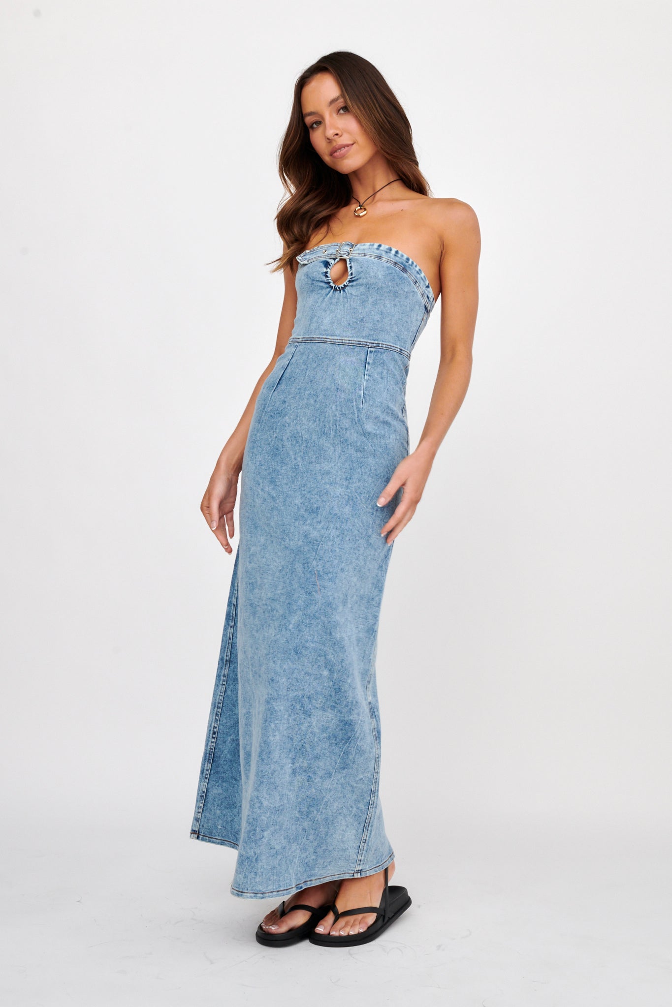 Noah Strapless Buckle Maxi Dress Denim by Selfie Leslie Australia