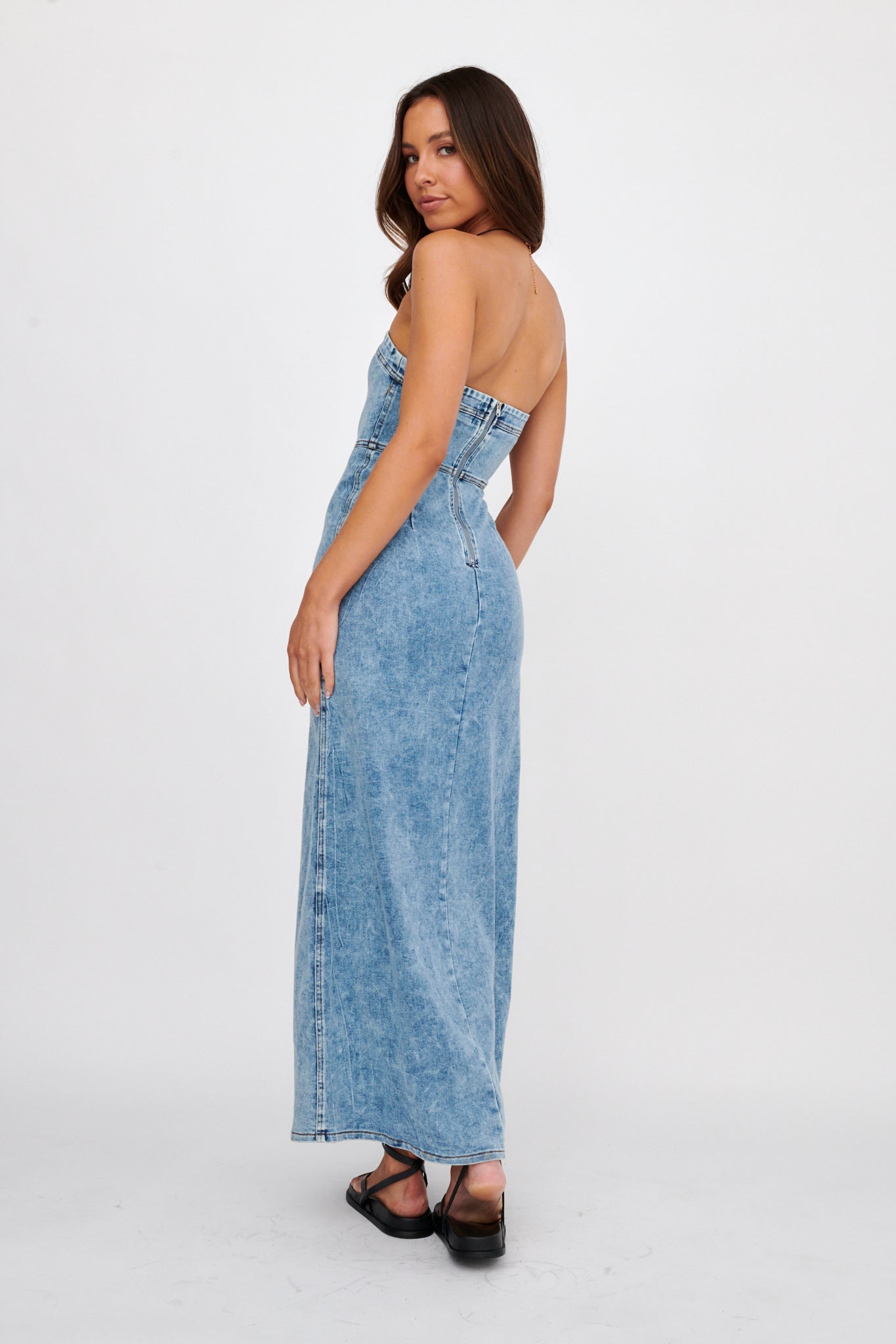 Noah Strapless Buckle Maxi Dress Denim by Selfie Leslie Australia