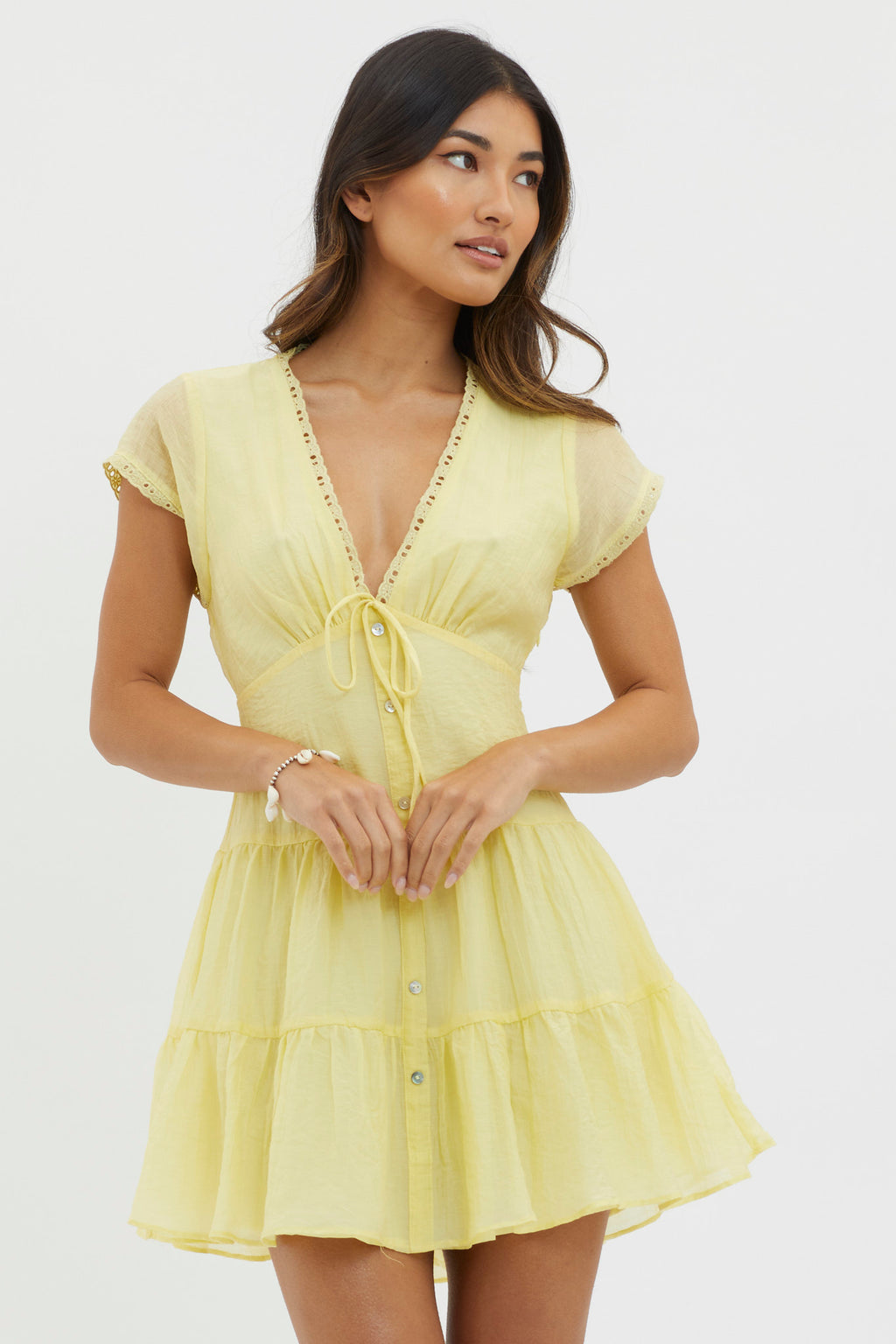 Azura Scalloped Lace Mini Dress Lemon by Selfie Leslie Australia