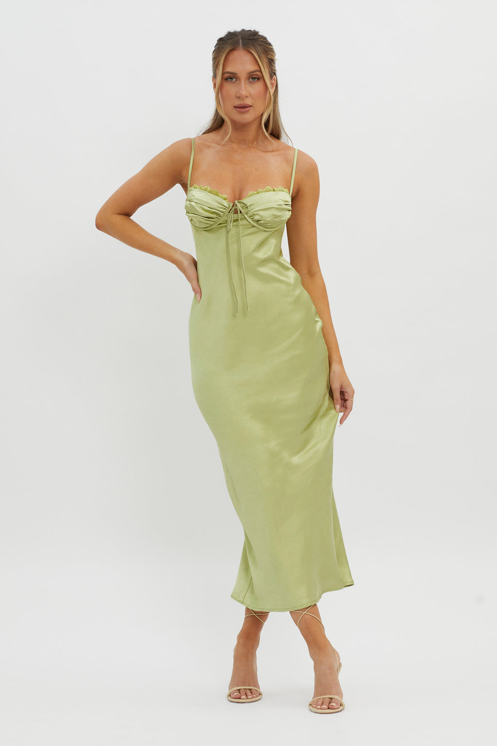 Fortune Lace Trim Bust Tie Midi Dress Lime by Selfie Leslie Australia