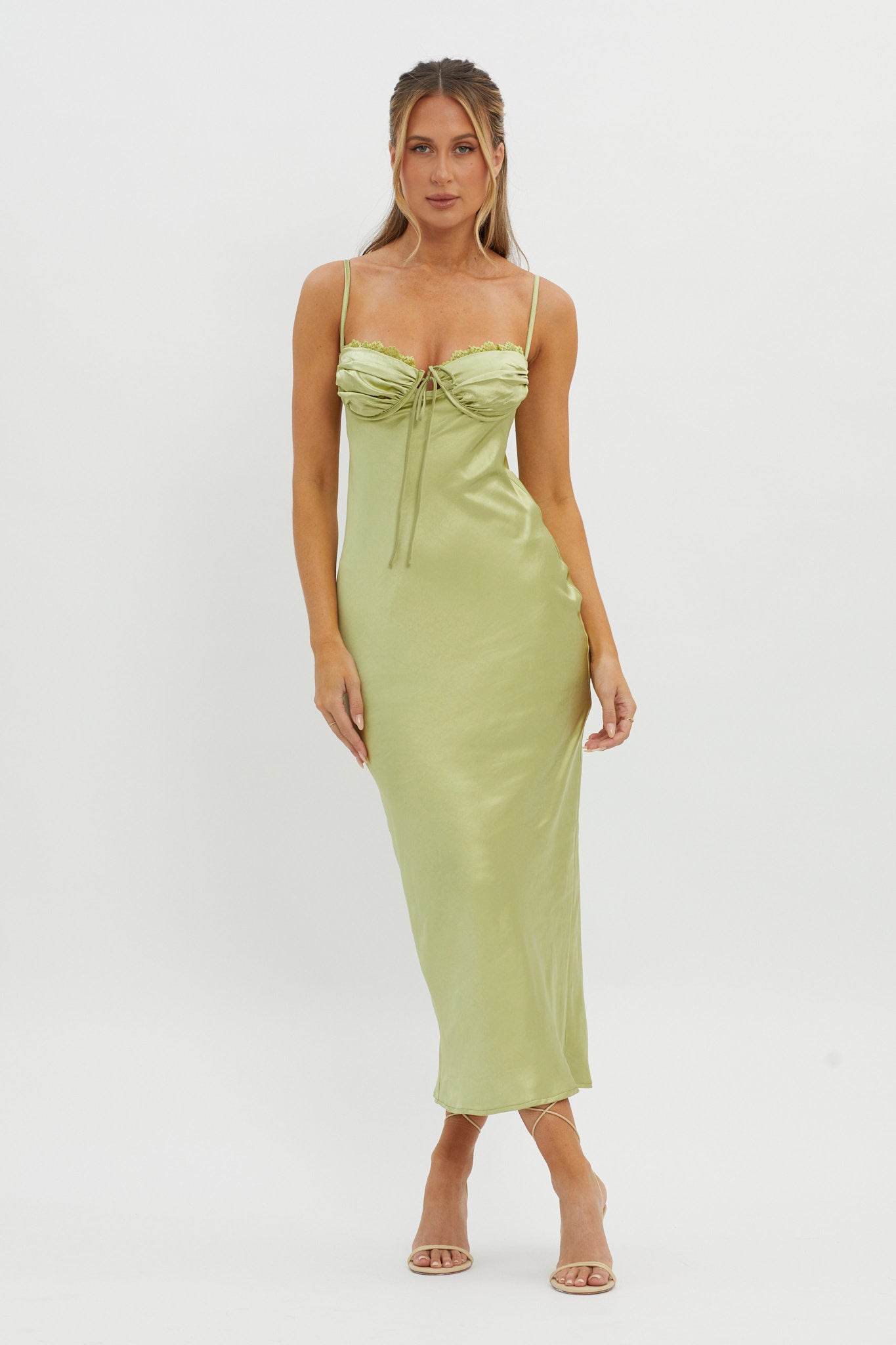 Fortune Lace Trim Bust Tie Midi Dress Lime by Selfie Leslie Australia