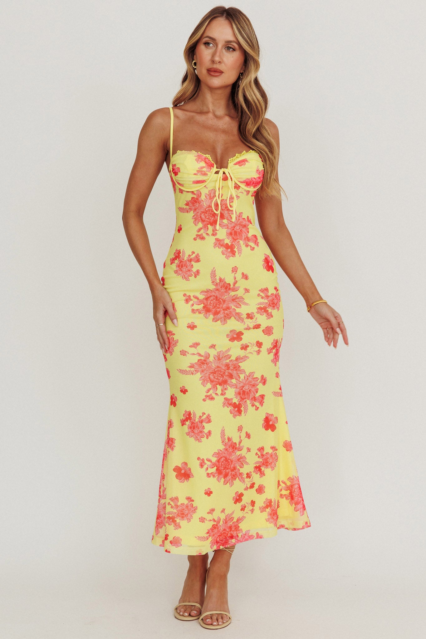 Fortune Mesh Floral Midi Dress Pink/Yellow | Selfie Leslie Australia Fortune Mesh Floral Midi Dress Pink/Yellow | Selfie Leslie Australia