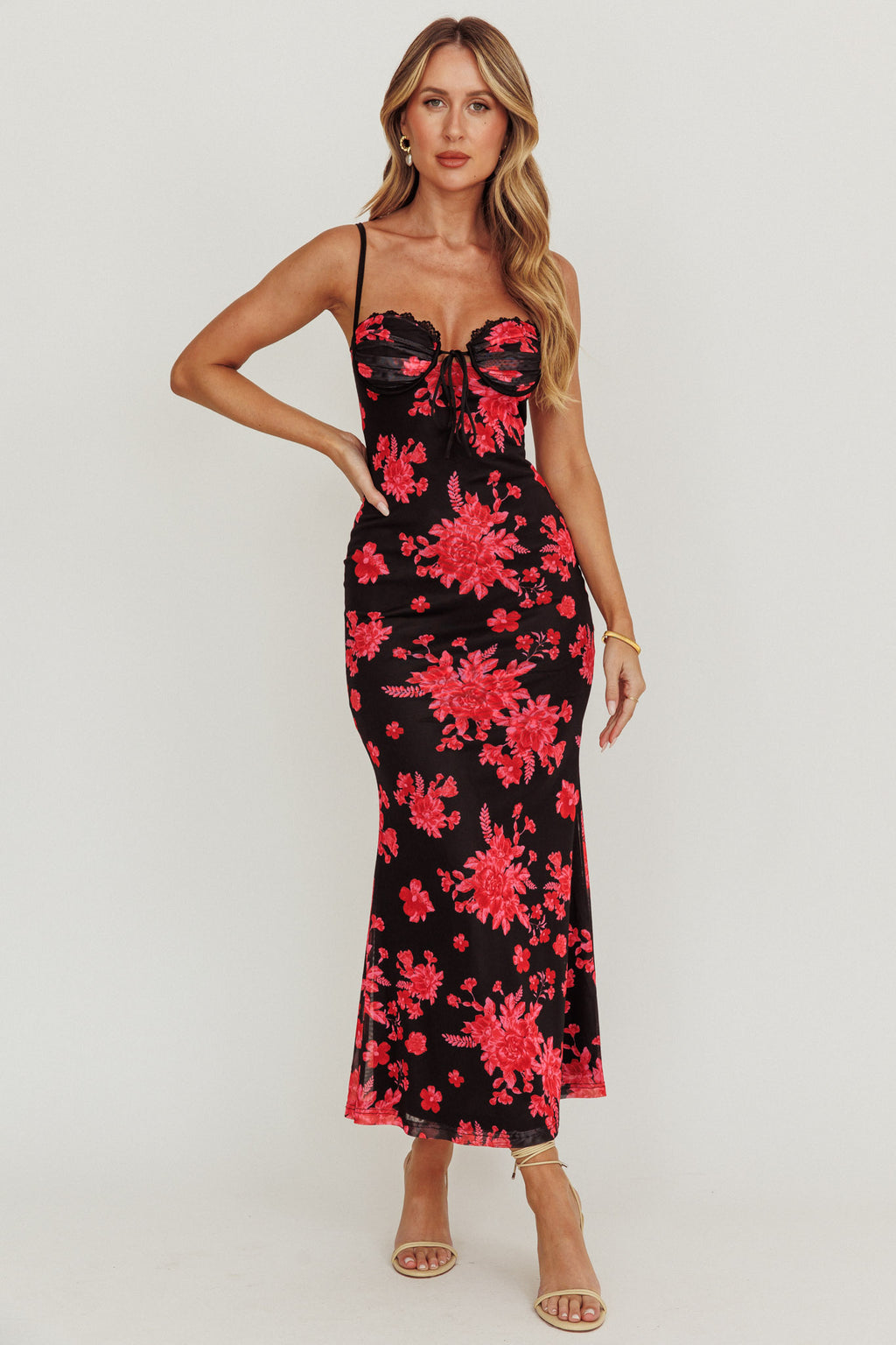 Fortune Lace Trim Mesh Midi Dress Black by Selfie Leslie Australia