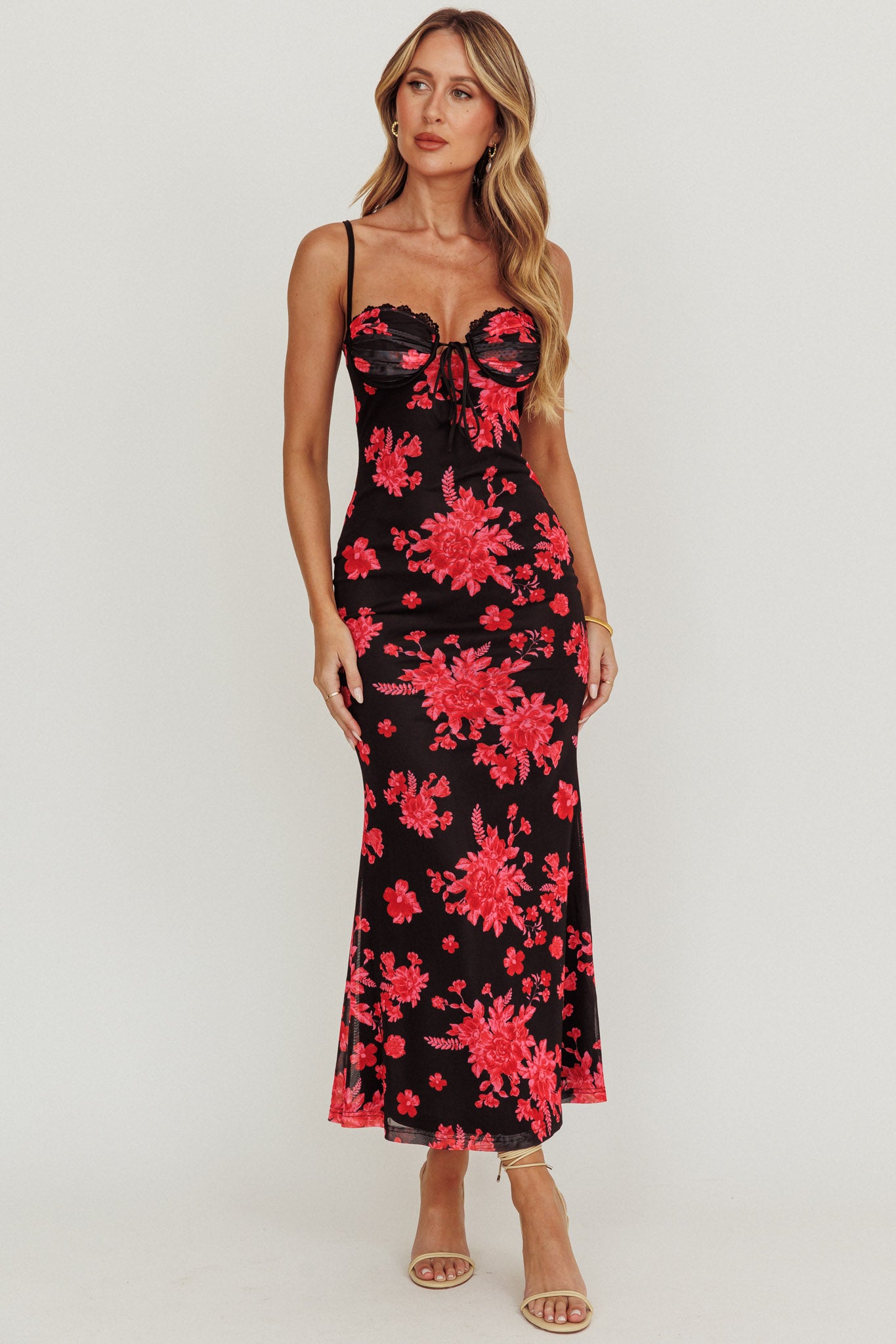 Fortune Lace Trim Mesh Midi Dress Black by Selfie Leslie Australia