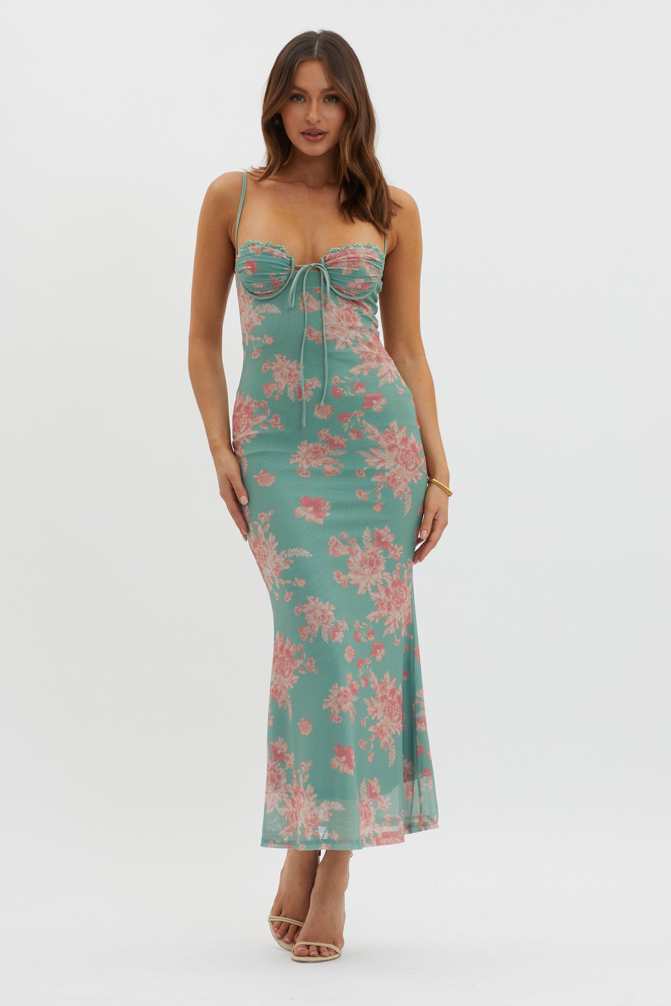 Fortune Lace Trim Mesh Maxi Dress Green by Selfie Leslie Australia