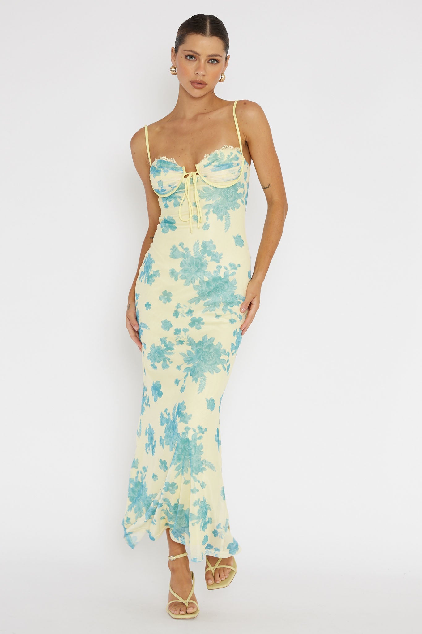 Fortune Lace Trim Mesh Midi Dress Yellow by Selfie Leslie Australia