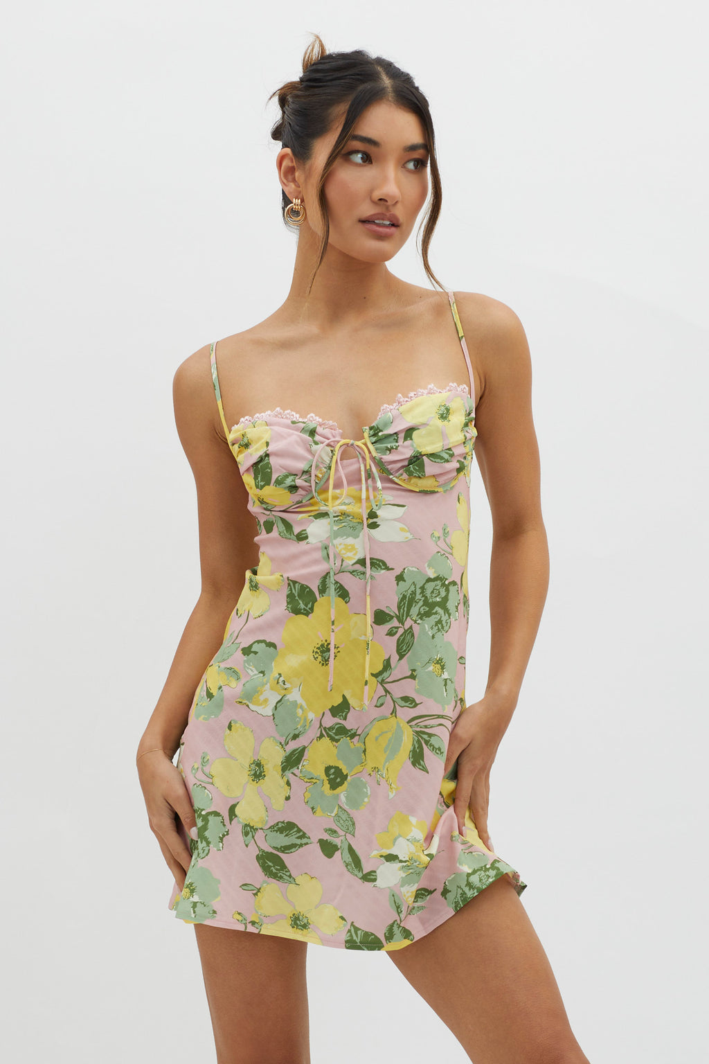 Fortune Lace Trim Bust Tie Mini Dress Floral Pink by Selfie Leslie Australia