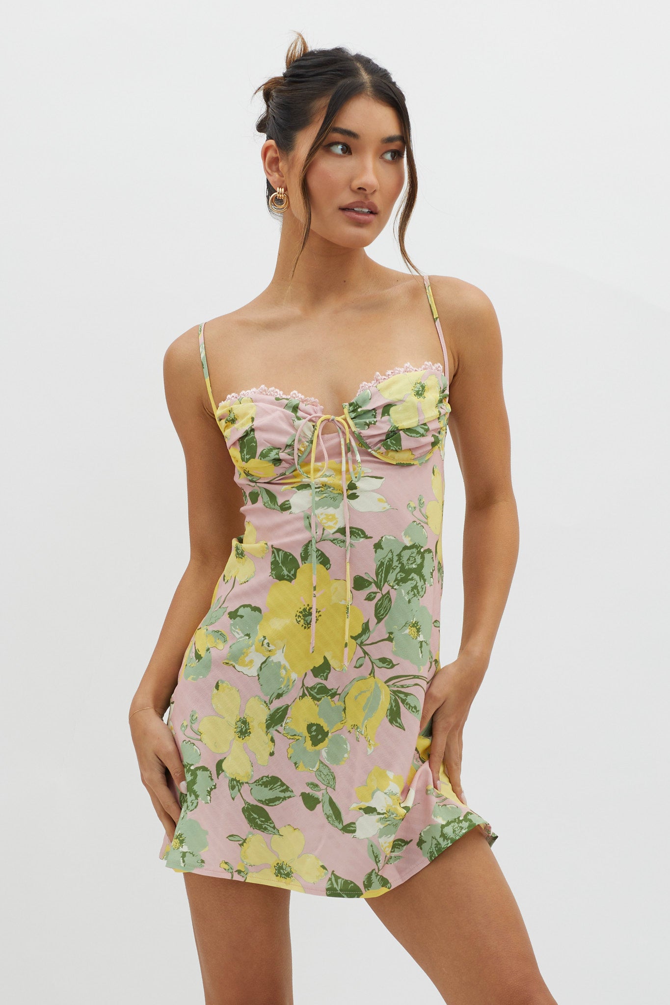 Fortune Lace Trim Bust Tie Mini Dress Floral Pink by Selfie Leslie Australia