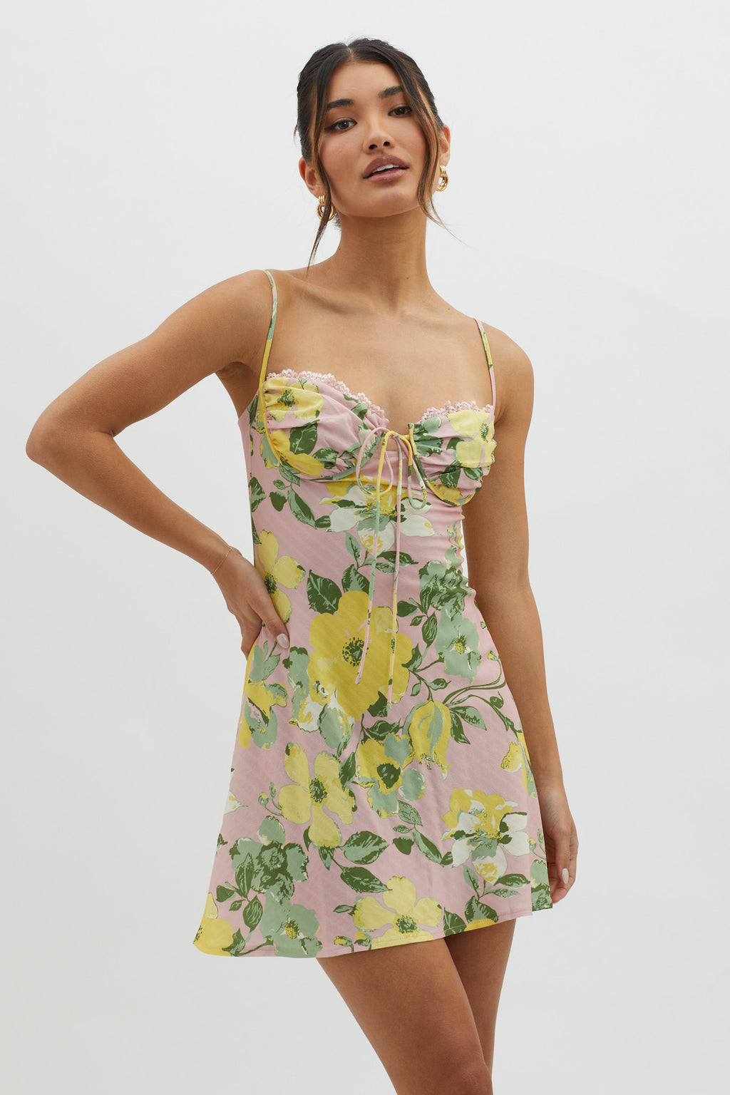 Fortune Lace Trim Bust Tie Mini Dress Floral Pink by Selfie Leslie Australia