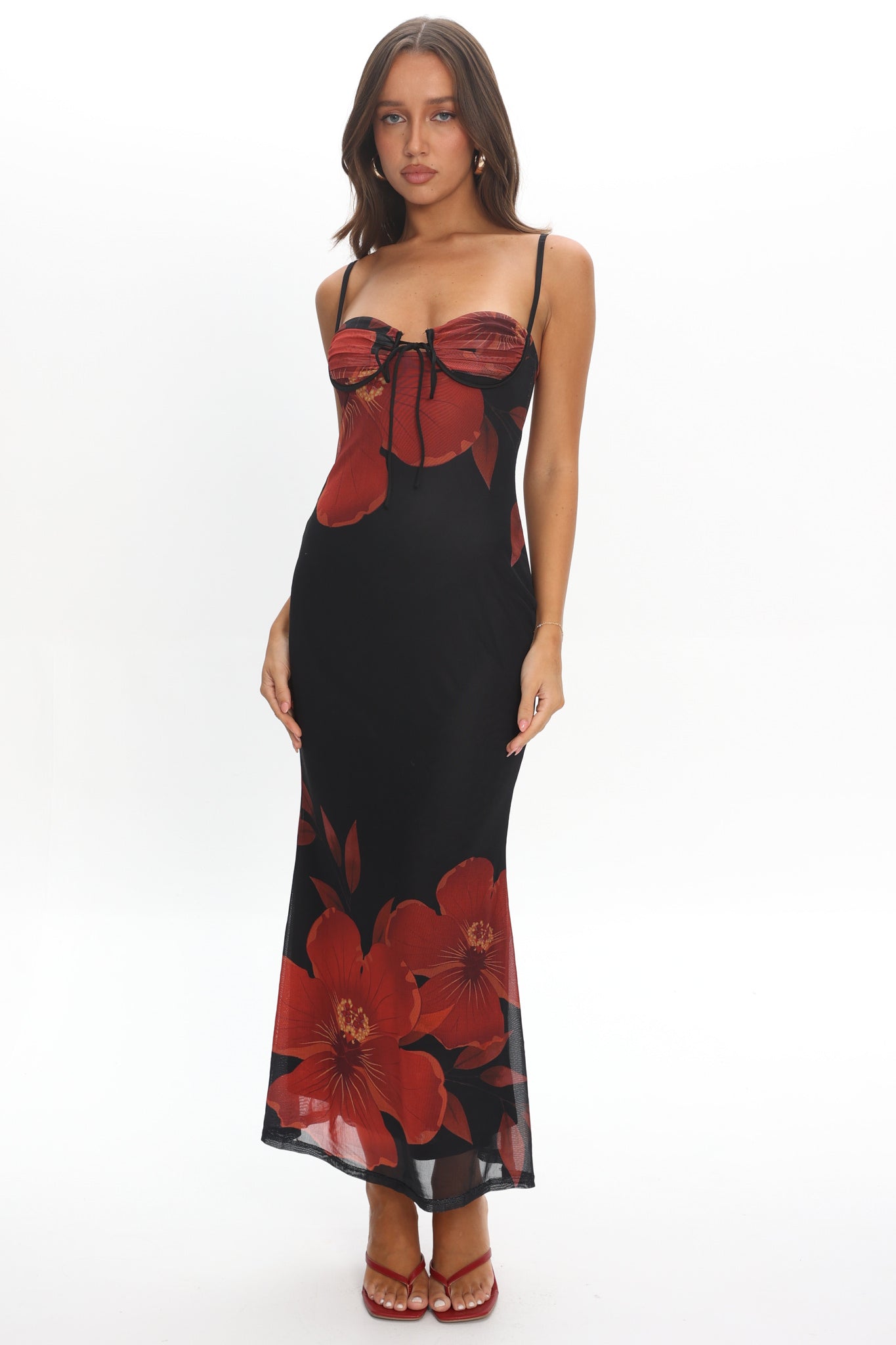 Fortune Bust Tie Maxi Dress Hibiscus Black by Selfie Leslie Australia
