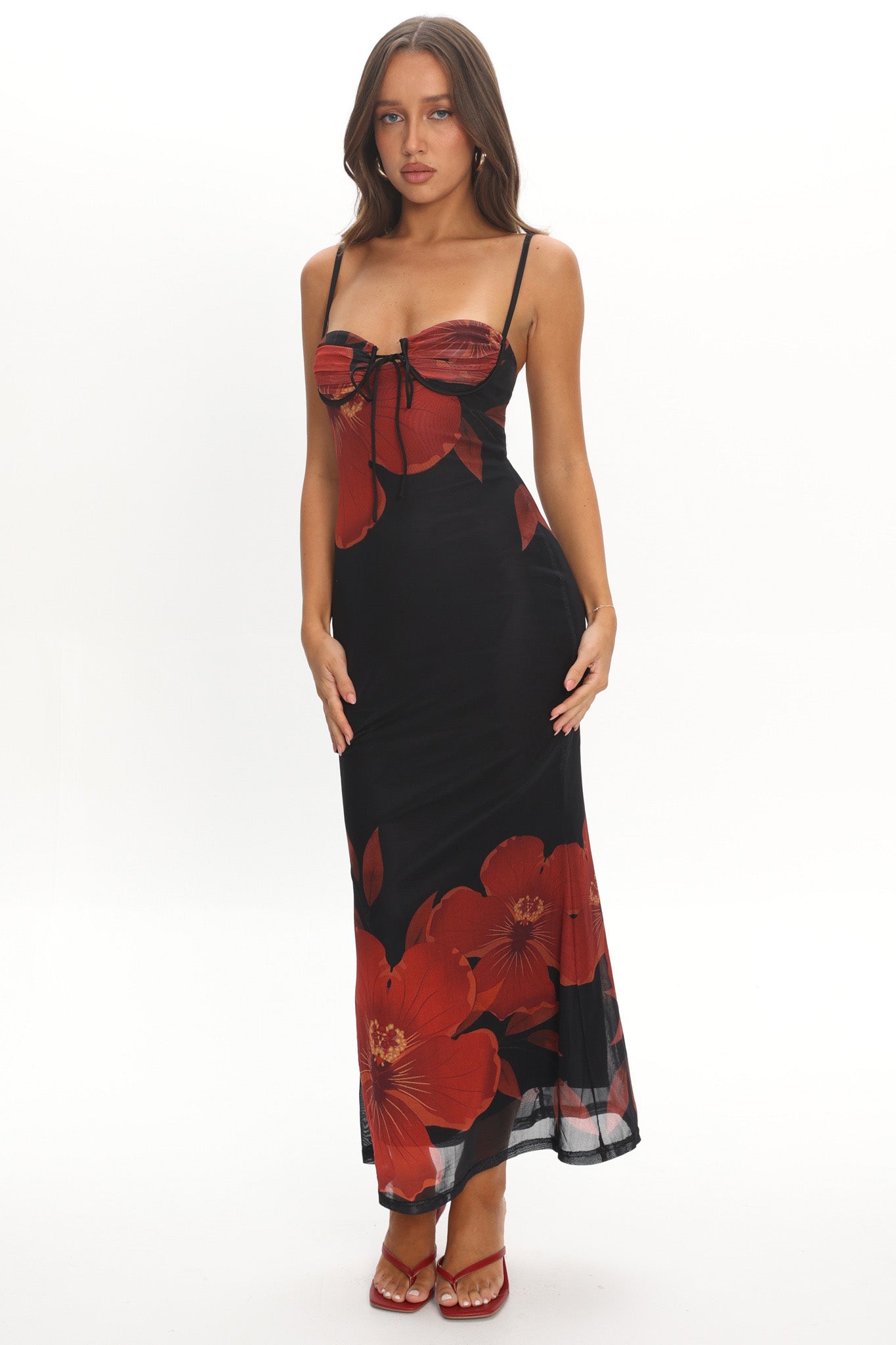 Fortune Bust Tie Maxi Dress Hibiscus Black by Selfie Leslie Australia
