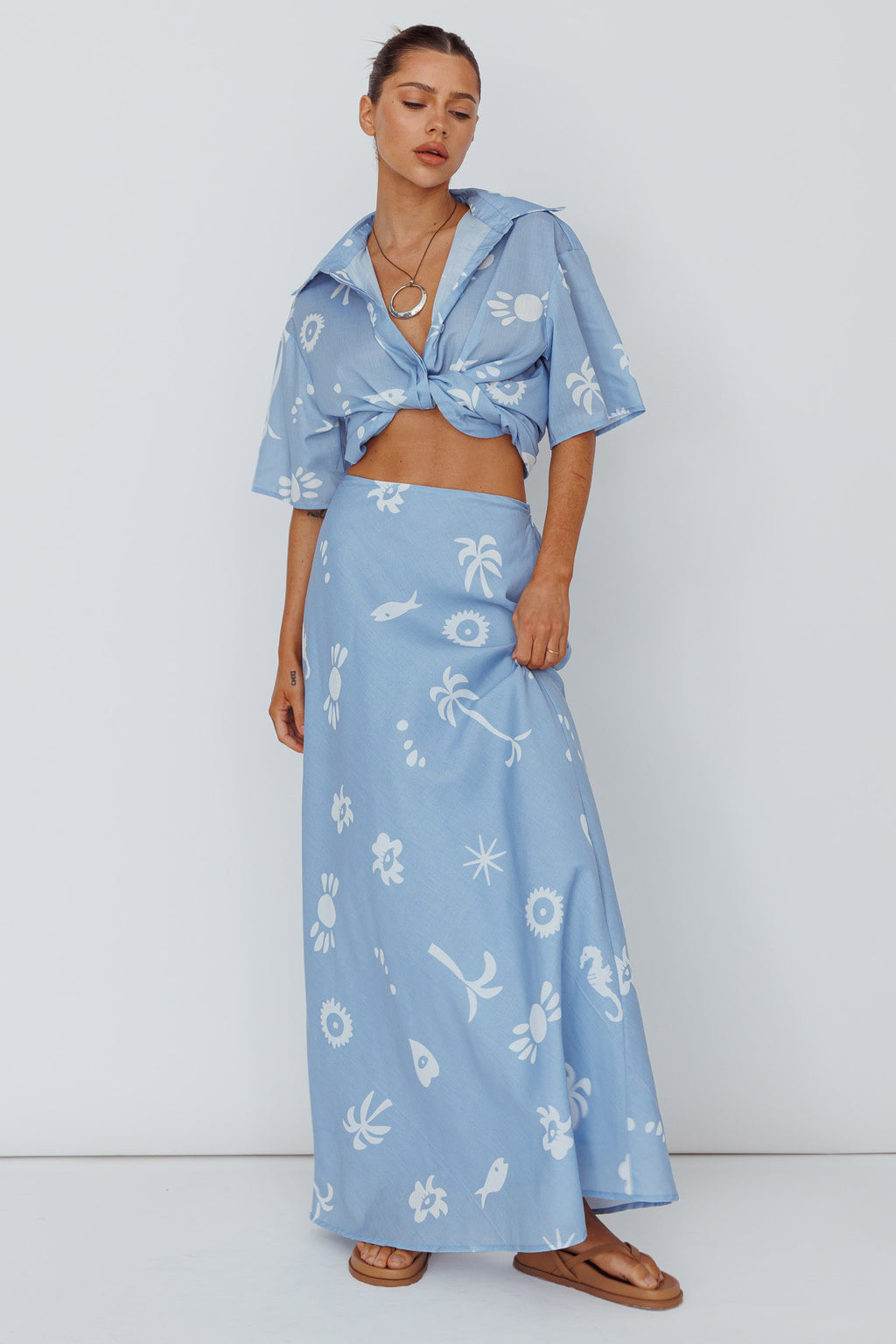 Light Aura Maxi Skirt Print Blue White by Selfie Leslie Australia