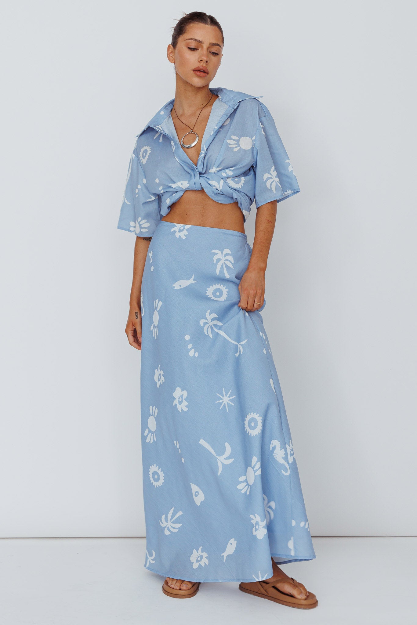 Light Aura Maxi Skirt Print Blue White by Selfie Leslie Australia