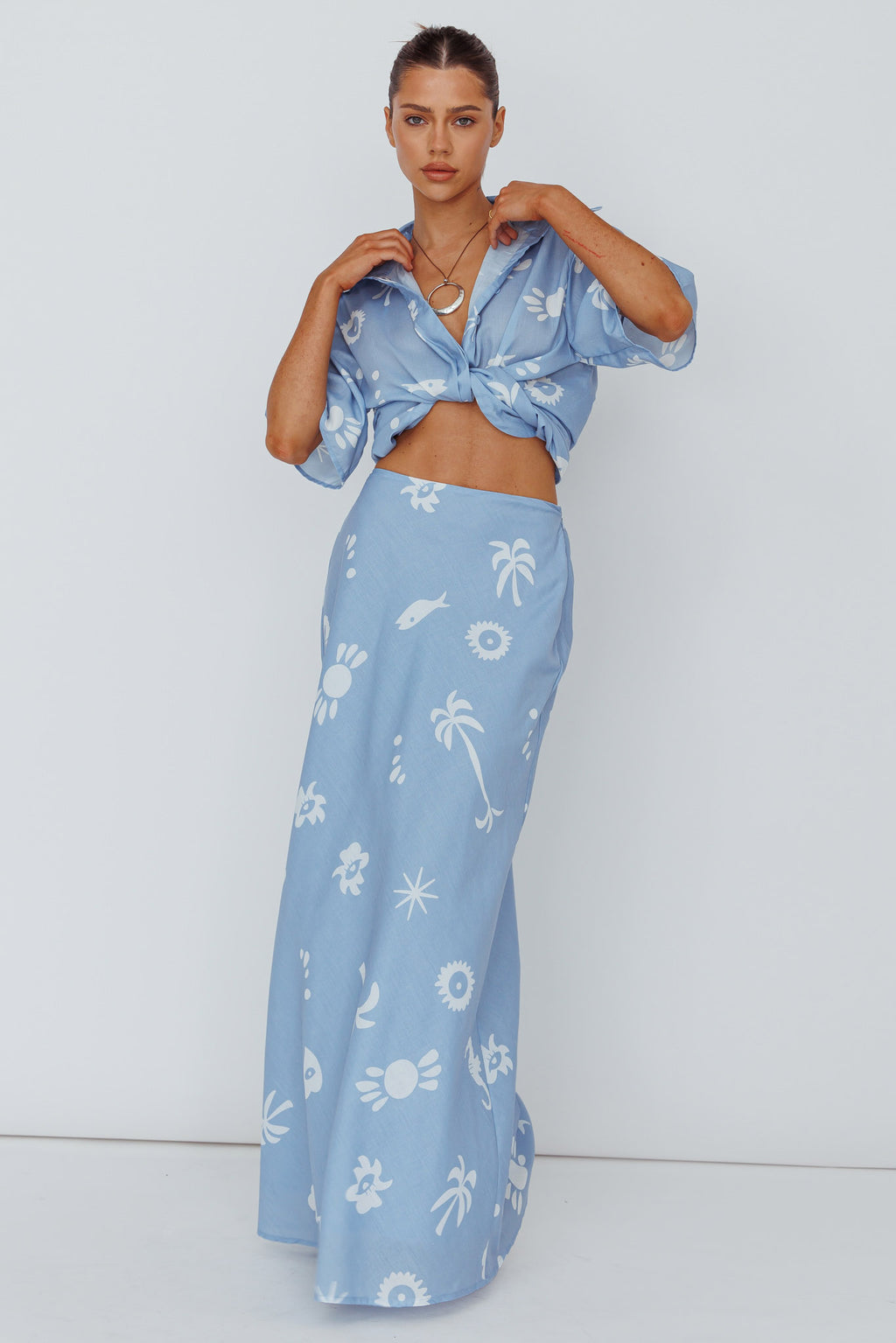 Light Aura Maxi Skirt Print Blue White by Selfie Leslie Australia