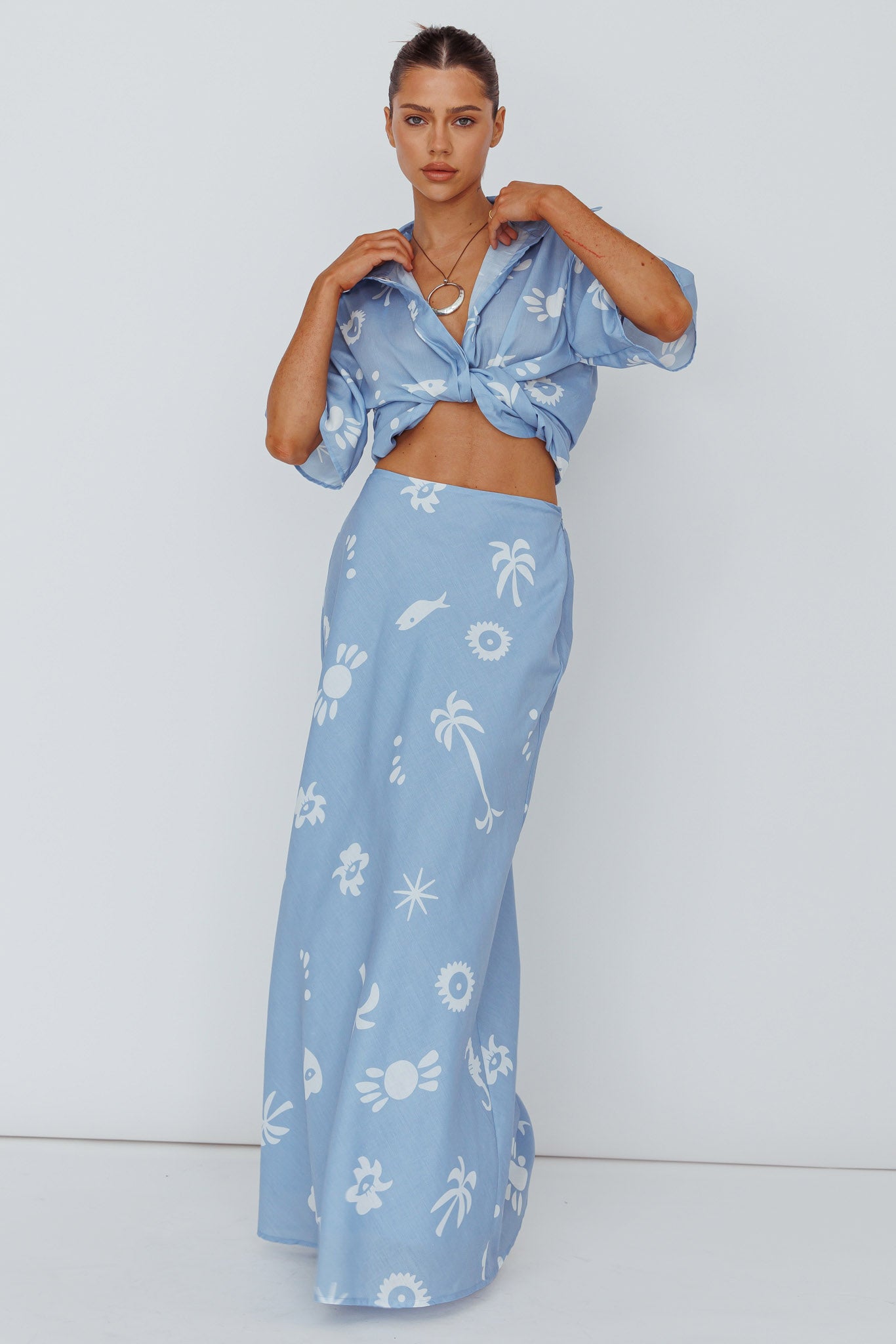 Light Aura Maxi Skirt Print Blue White by Selfie Leslie Australia