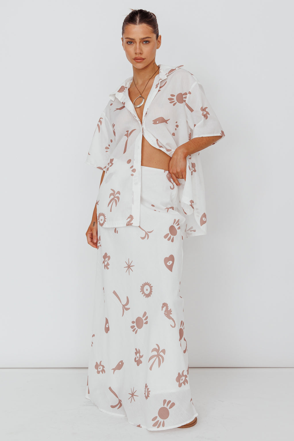 Light Aura Maxi Skirt Print White Tan by Selfie Leslie Australia